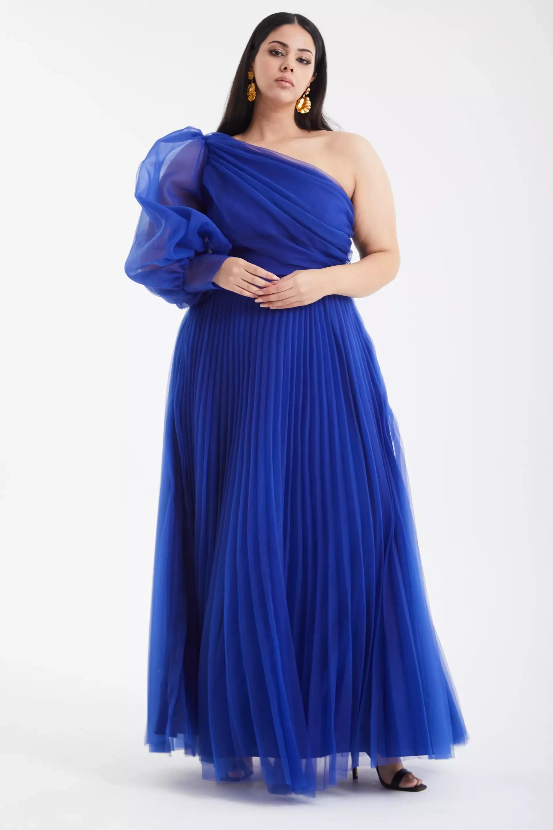 Blue plus size tulle one arm long dress