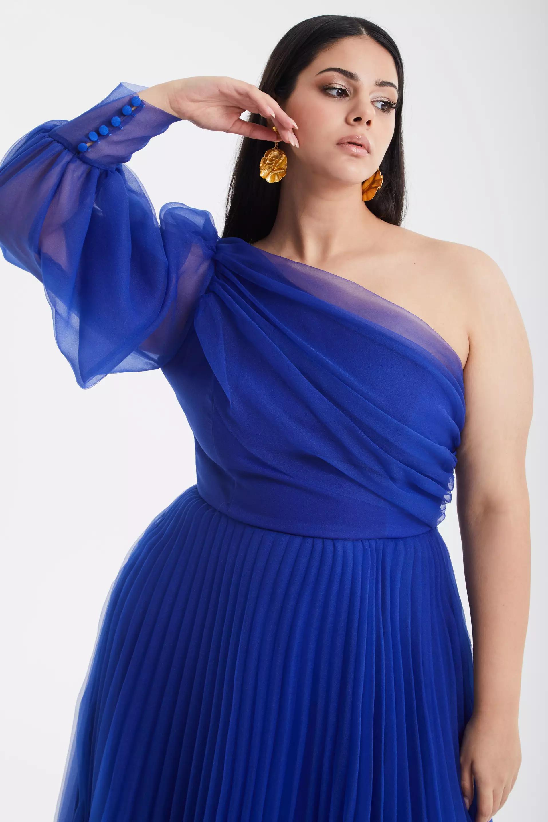 Blue plus size tulle one arm long dress