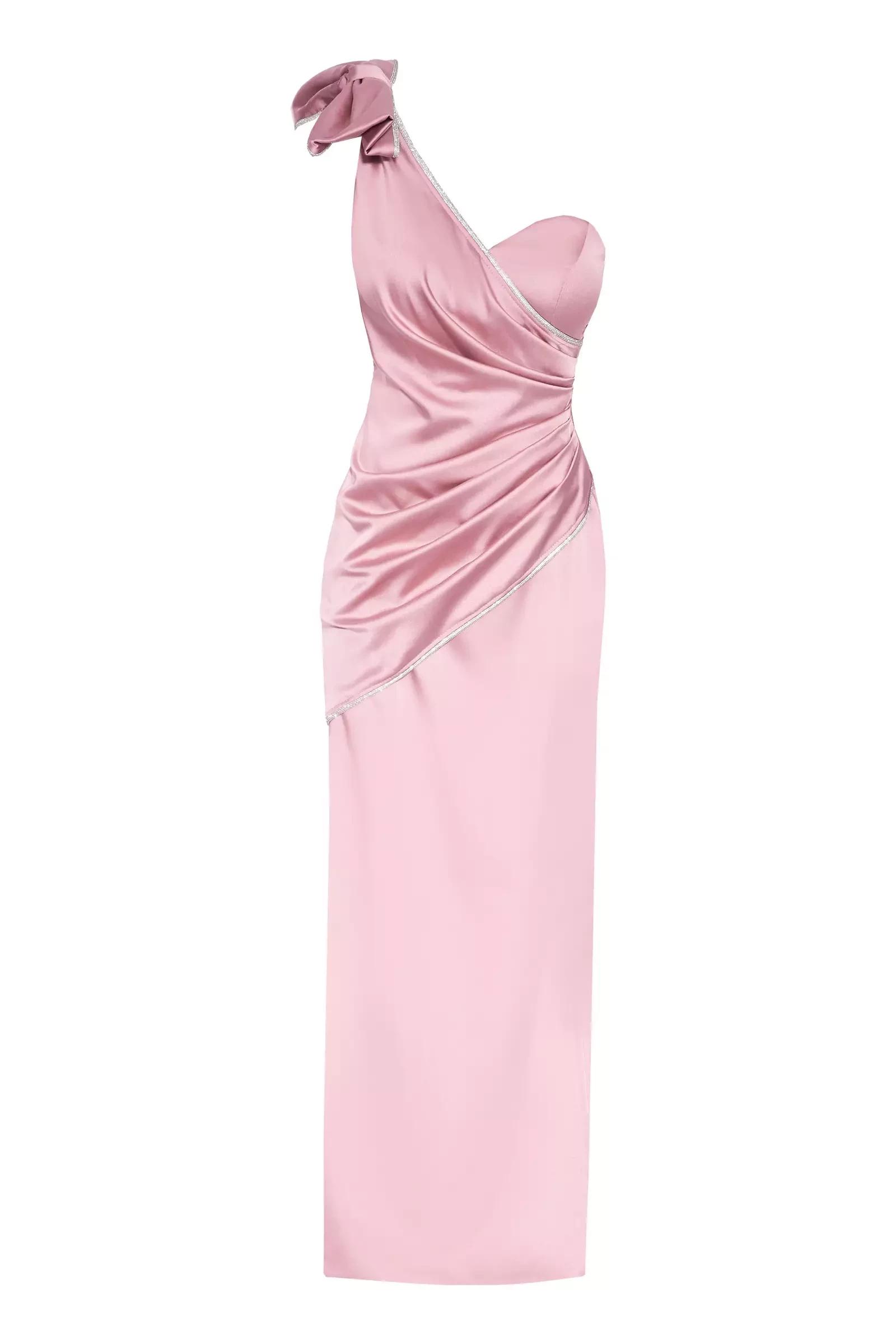 Blush satin one arm maxi dress