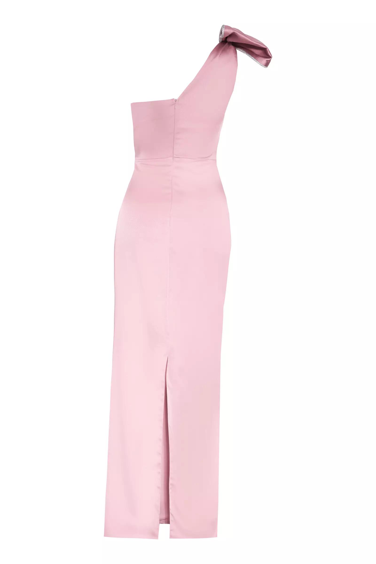 Blush satin one arm maxi dress