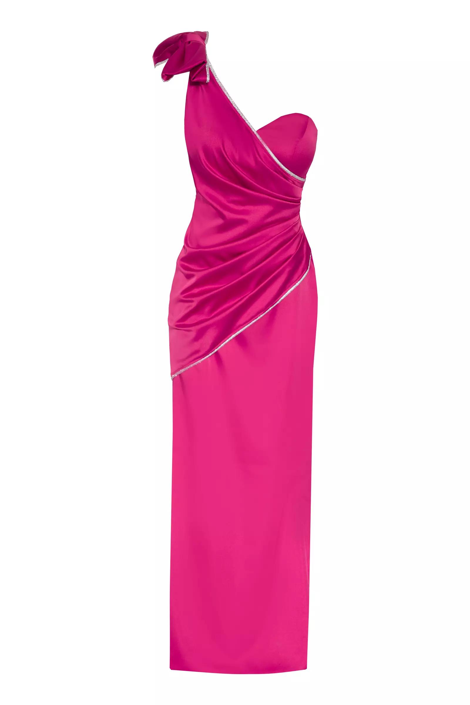 Fuchsia satin one arm maxi dress