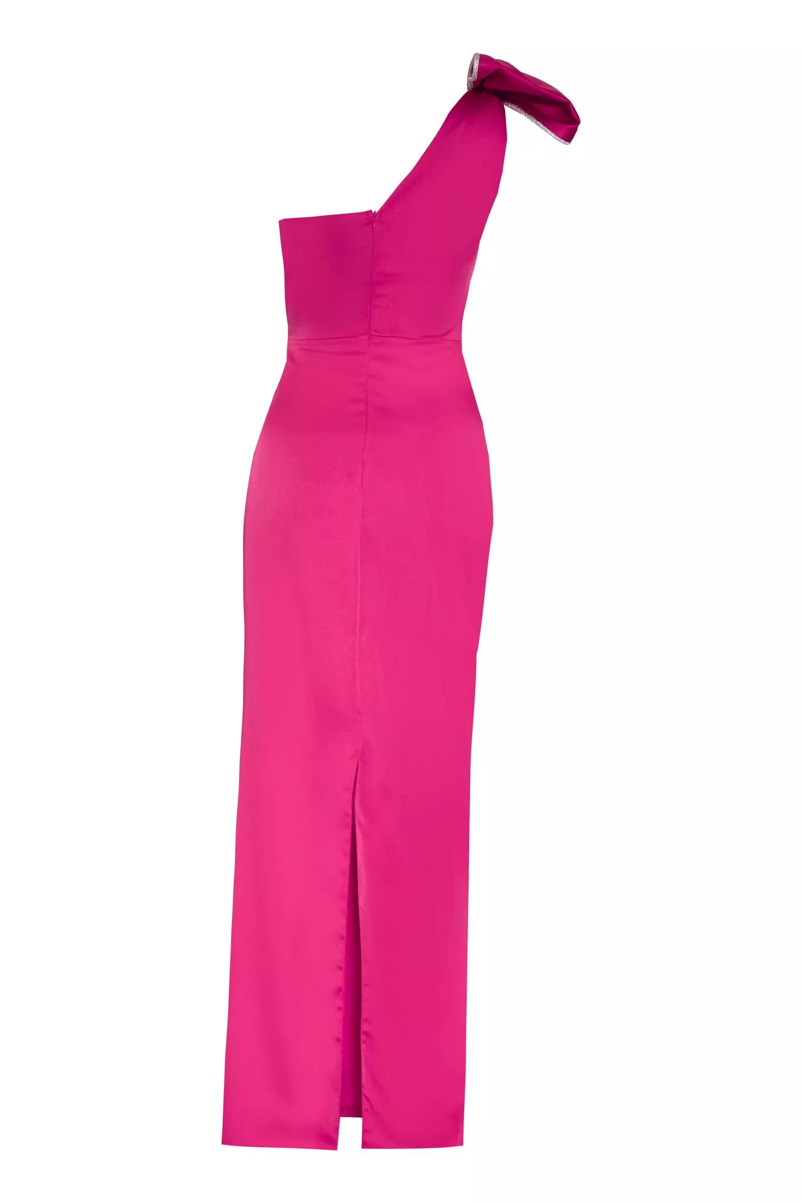 Fuchsia satin one arm maxi dress