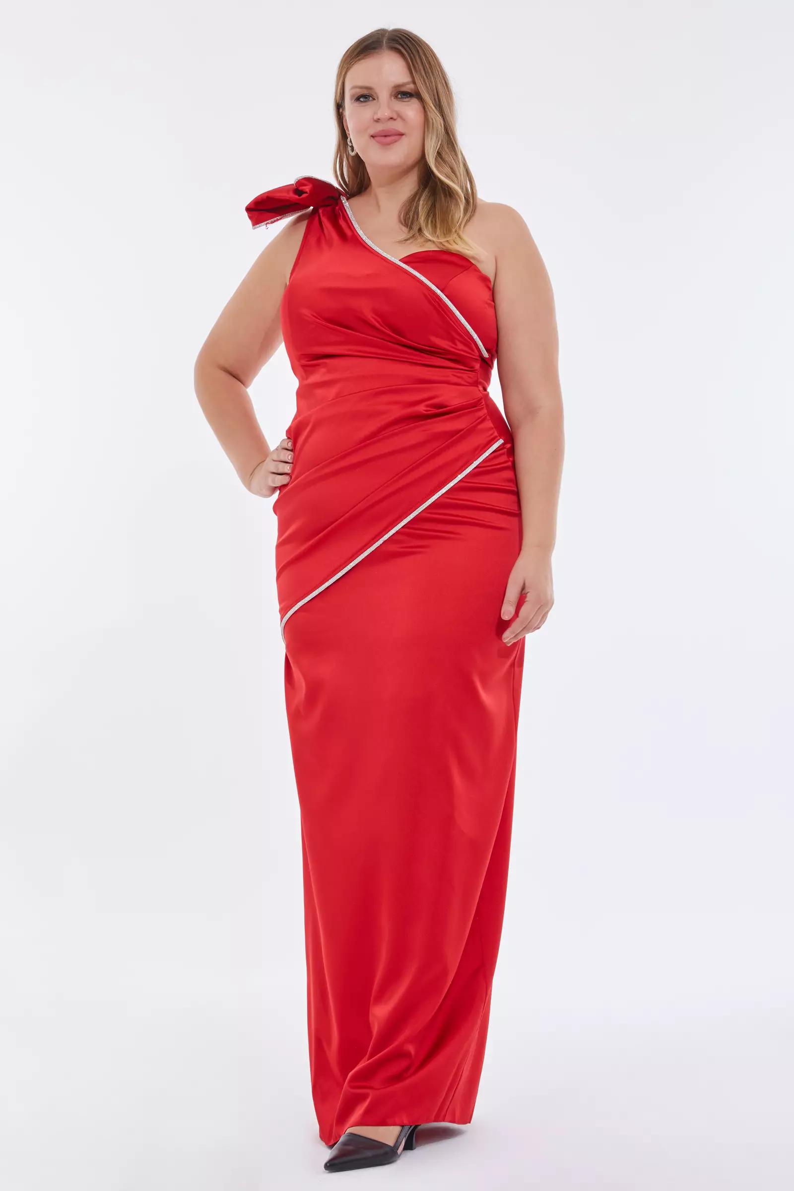 Red plus size satin one arm maxi dress