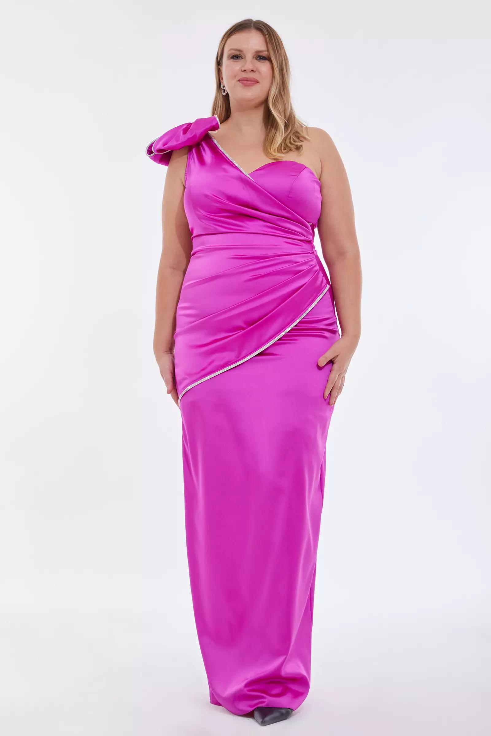 Fuchsia plus size satin one arm maxi dress