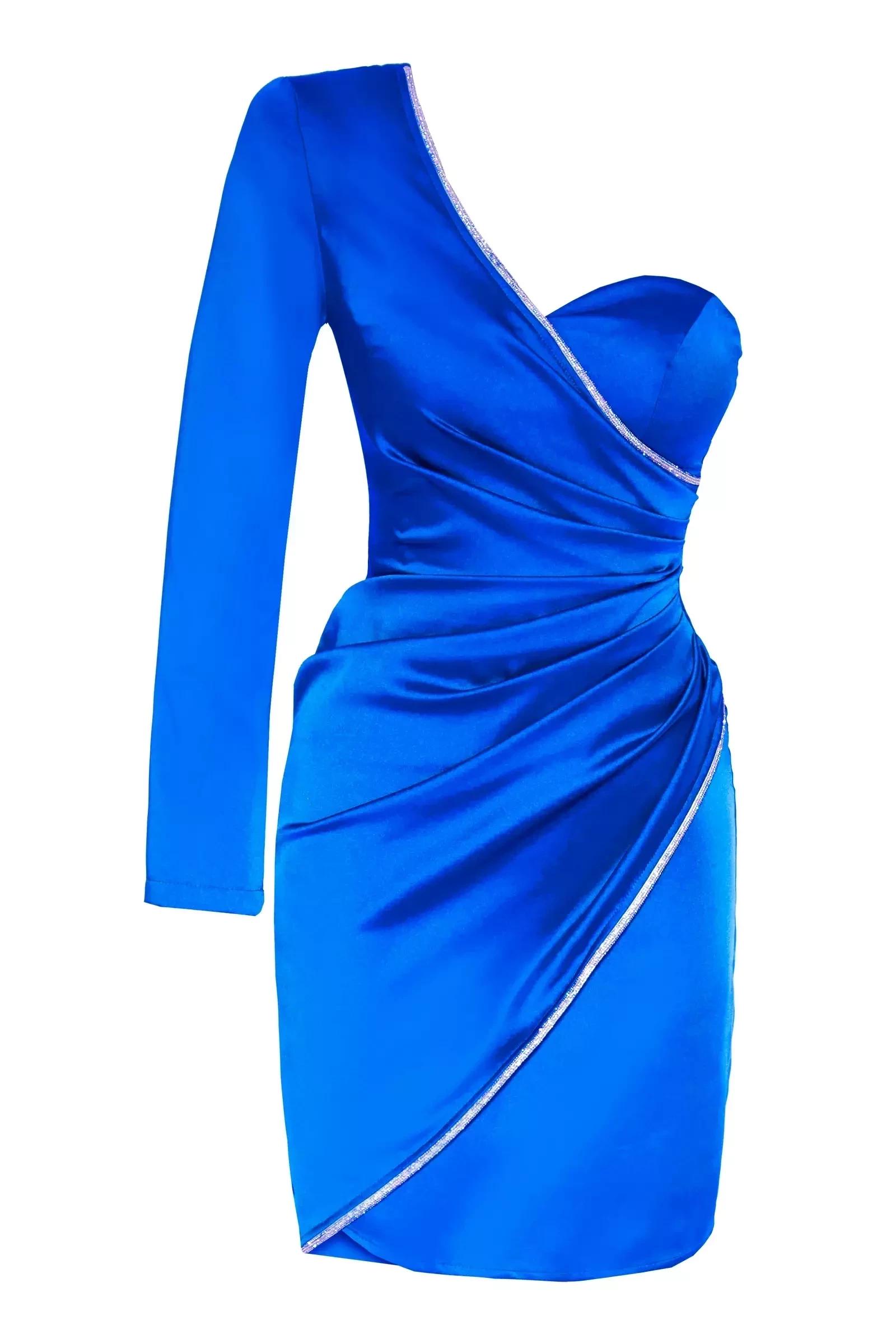 Blue plus size satin one arm mini dress