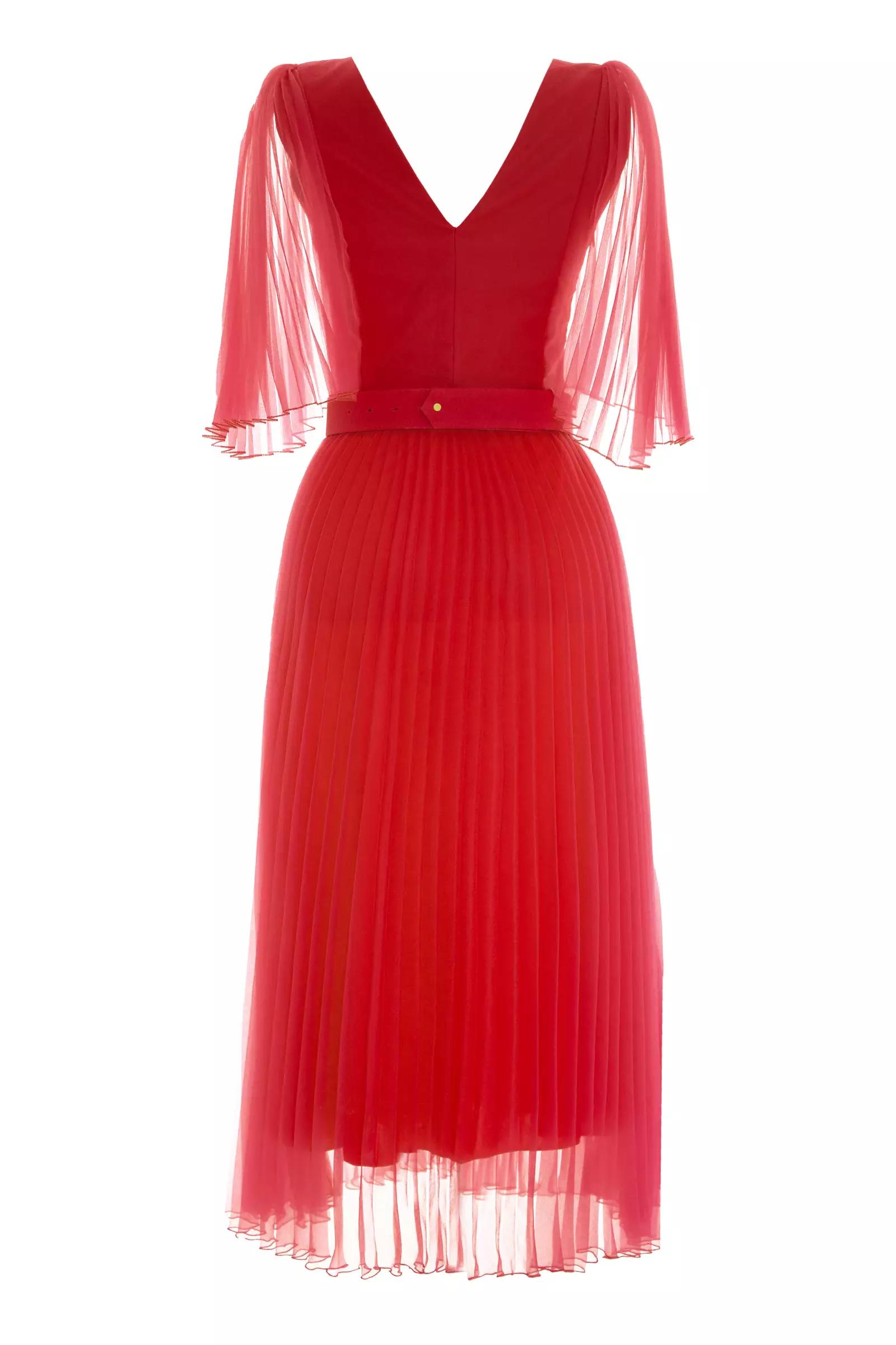 Red Tulle 3/4 Sleeve Midi Dress