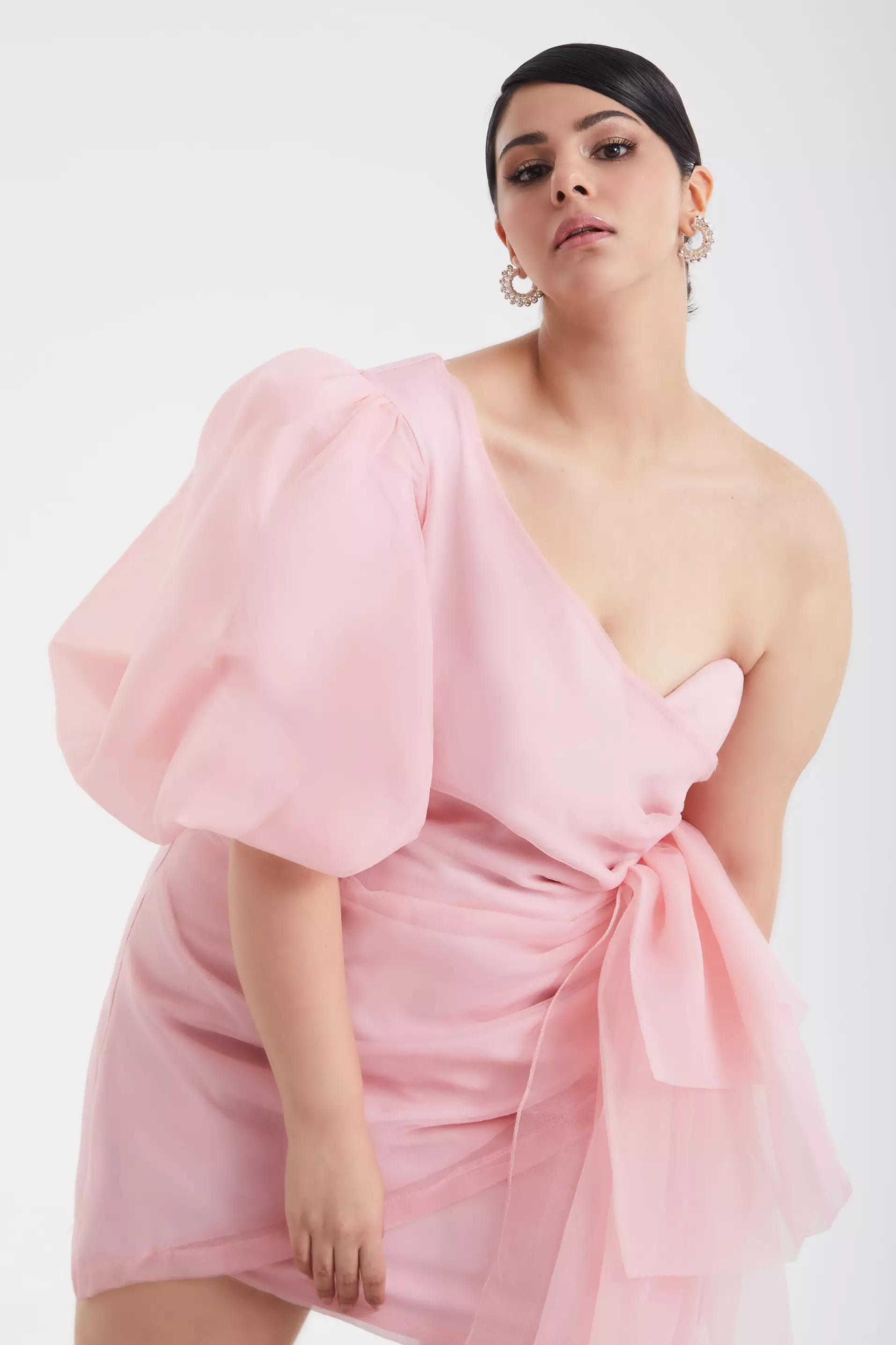 Blush plus size tulle one arm mini dress