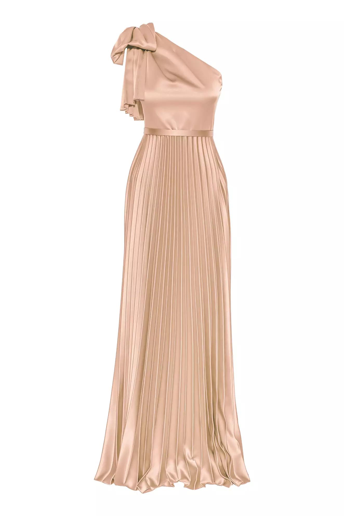 Beige satin one arm long dress