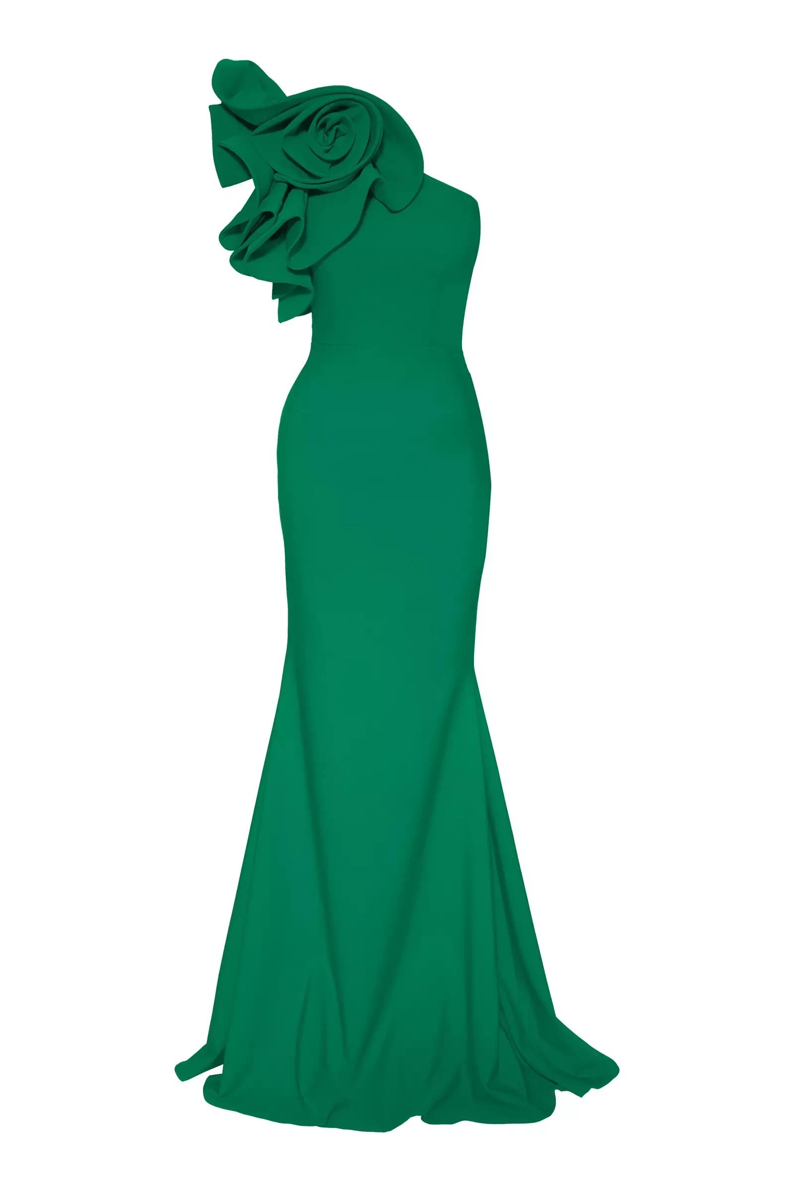 Green crepe one arm maxi dress