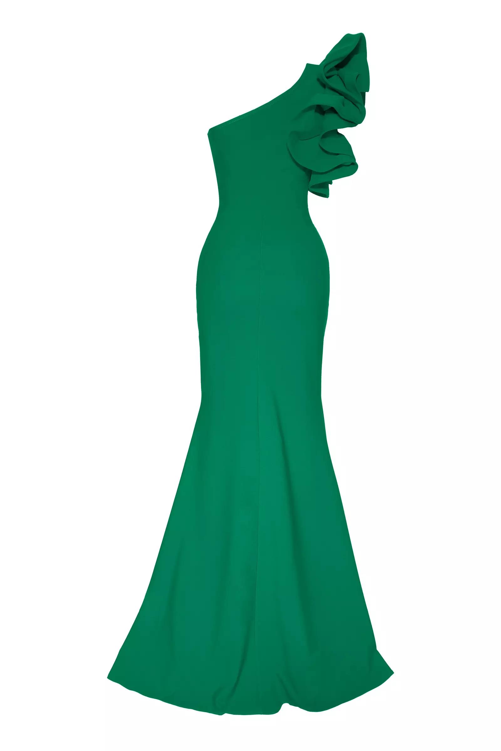 Green crepe one arm maxi dress