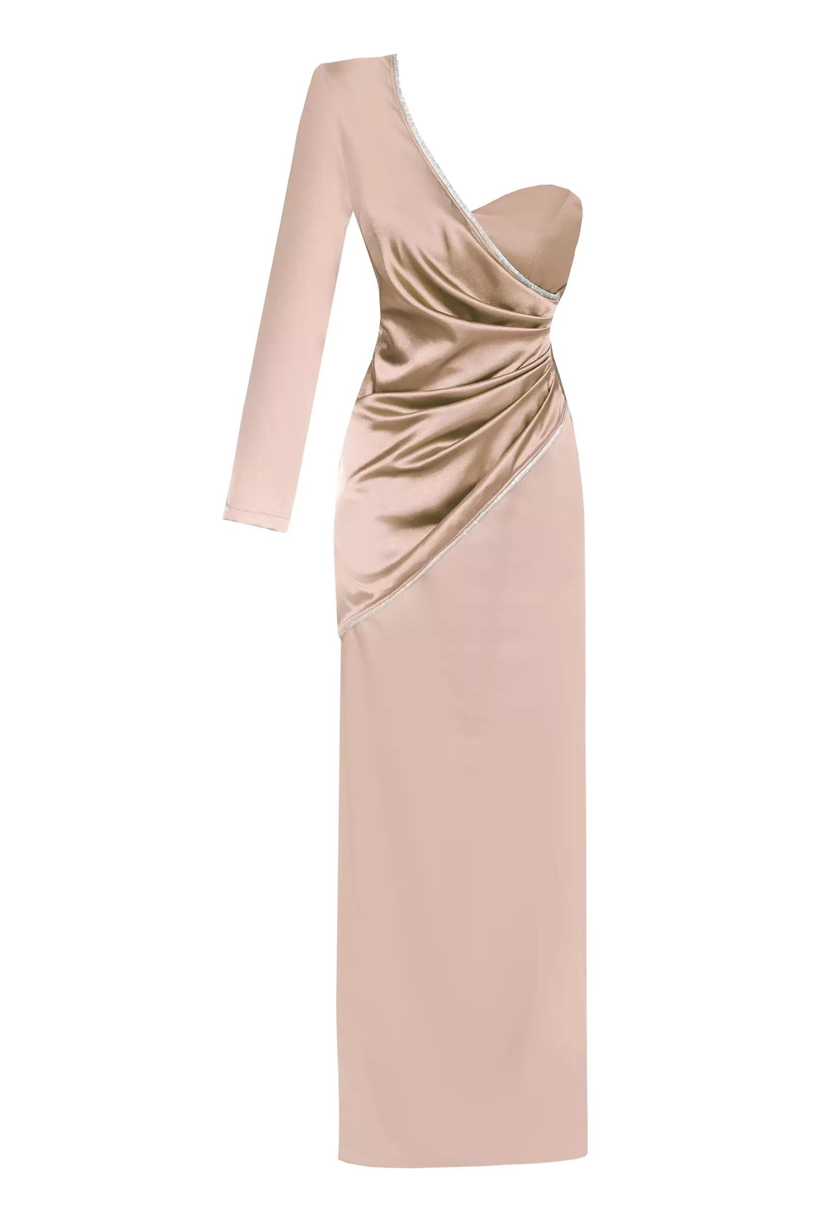 Beige Plus Size Satin One Arm Long Dress