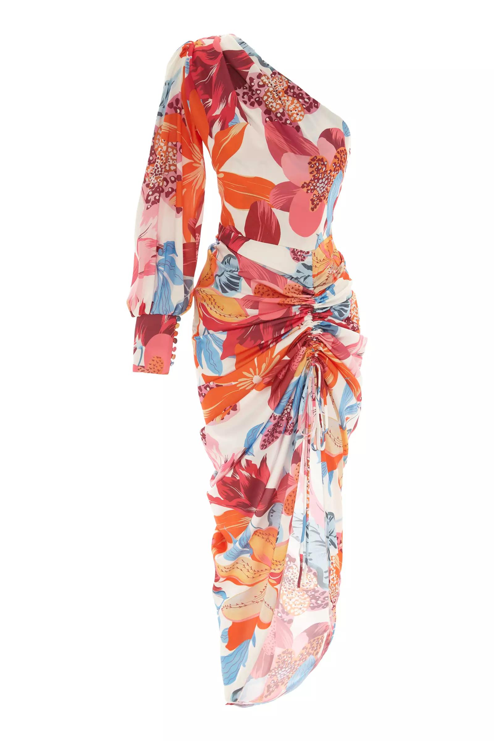 Printed satin one arm maxi dress