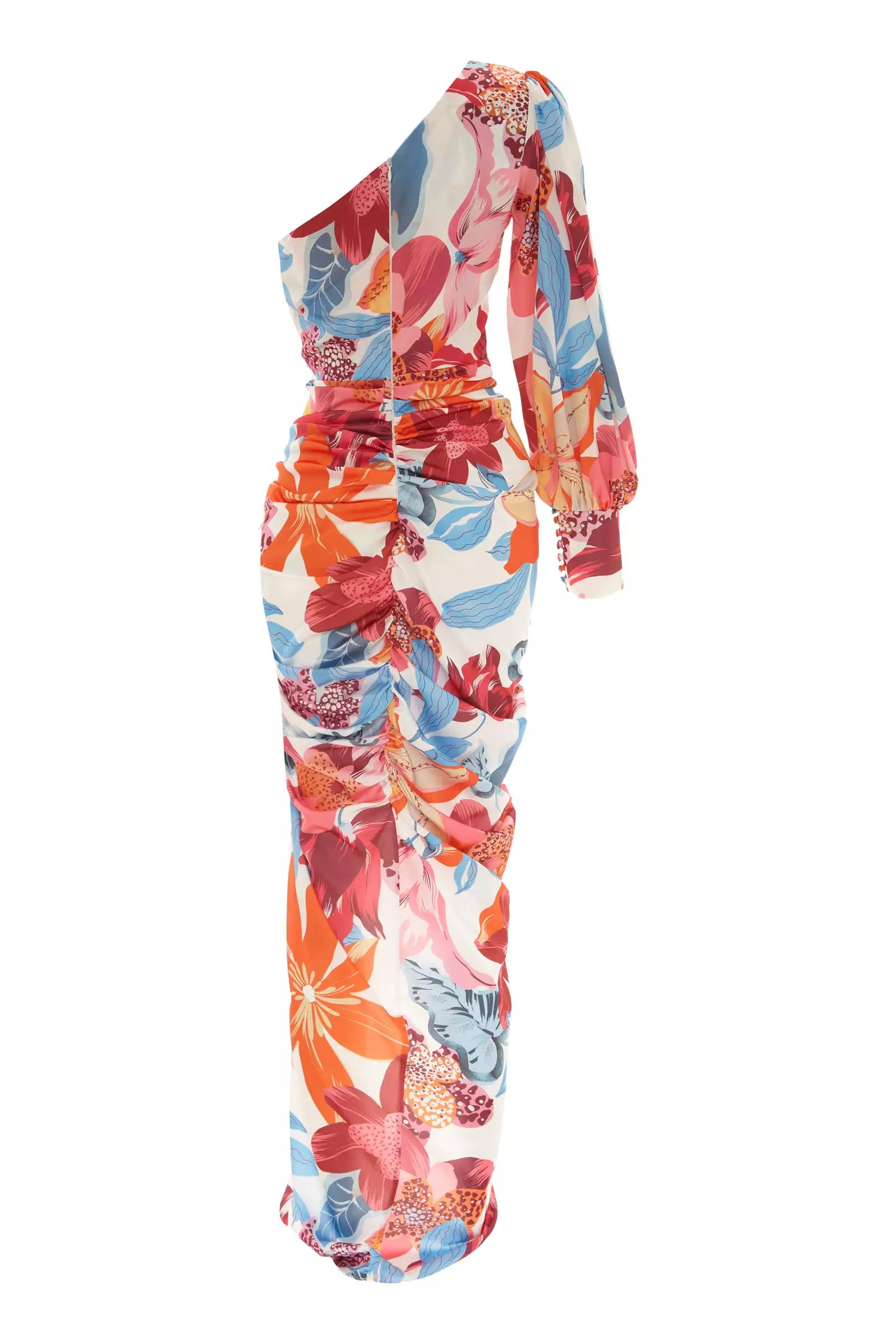 Printed satin one arm maxi dress