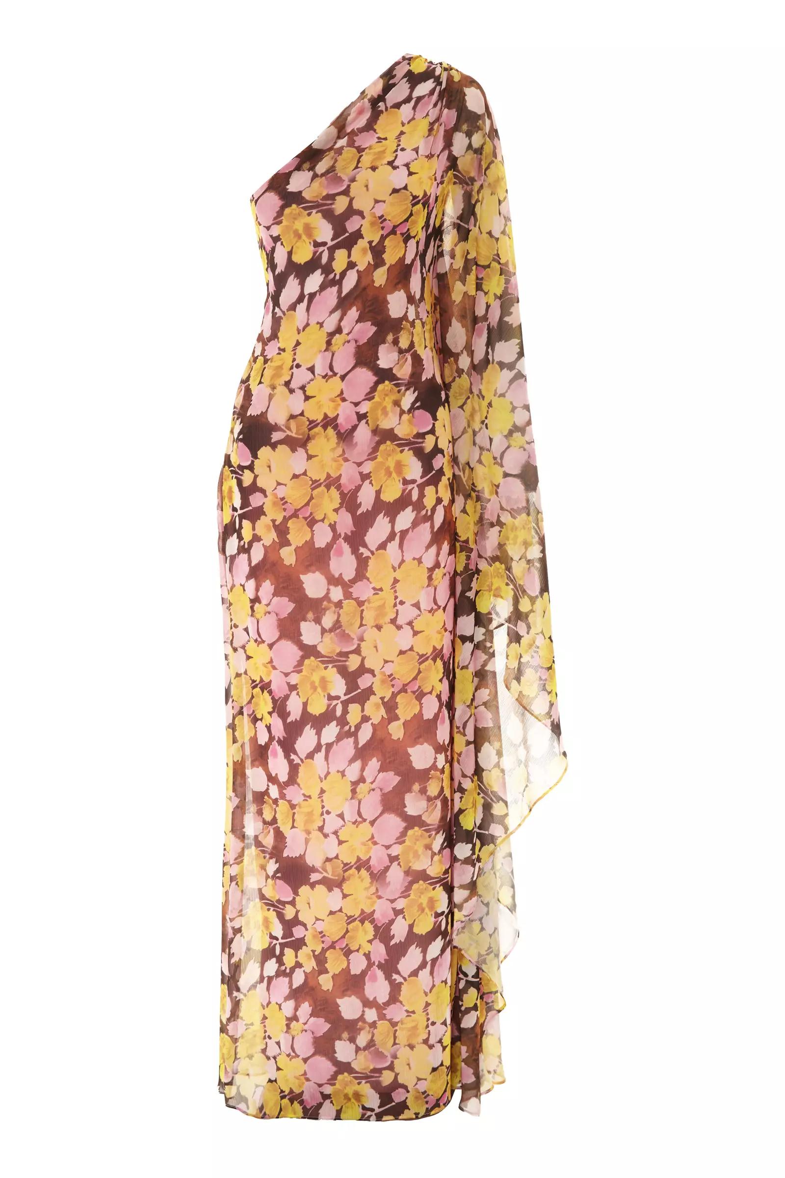 Printed sifon one arm maxi dress