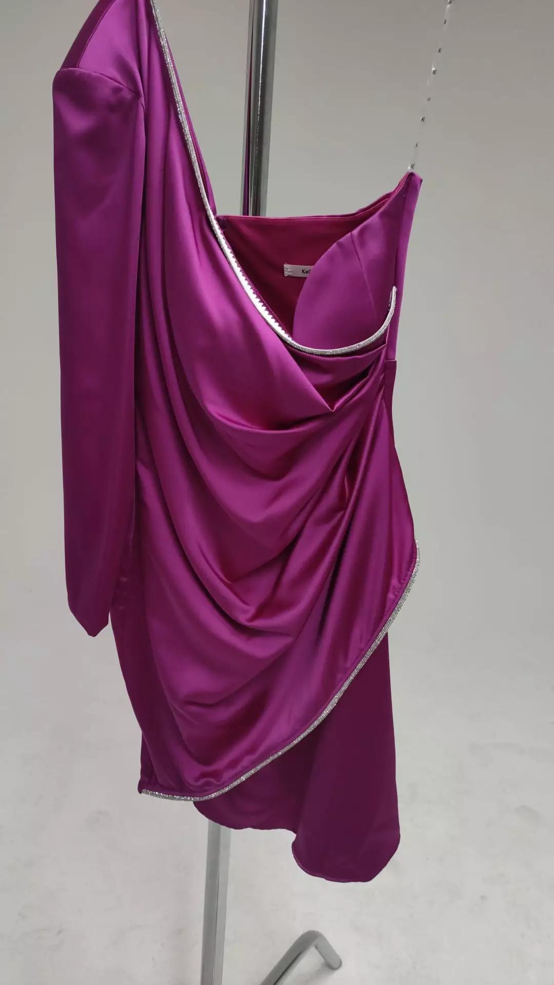 Fuchsia plus size satin one arm mini dress