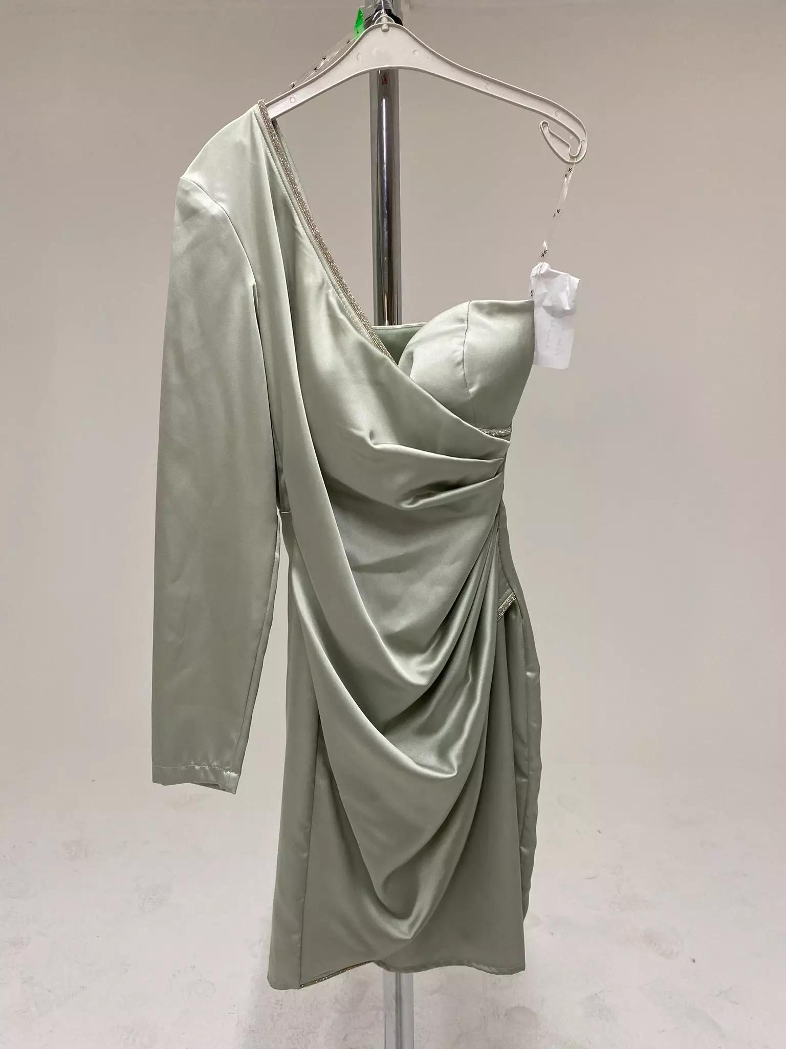 Water green satin one arm mini dress