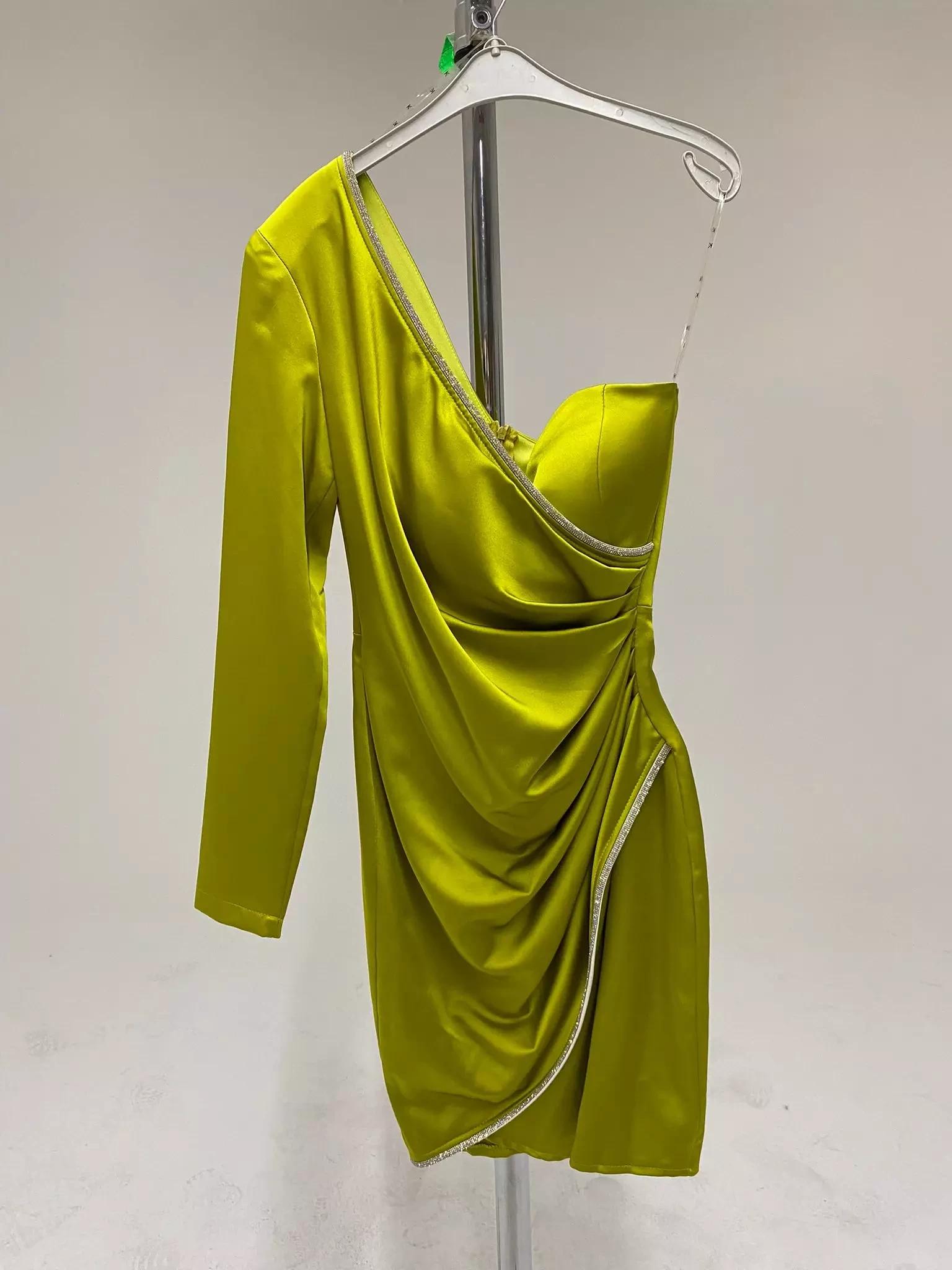 Pistachio green satin one arm mini dress