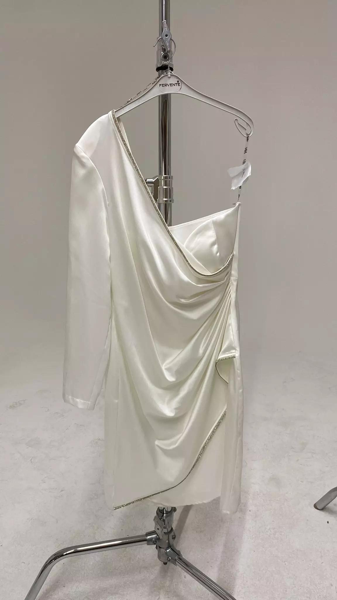 White plus size satin one arm mini dress