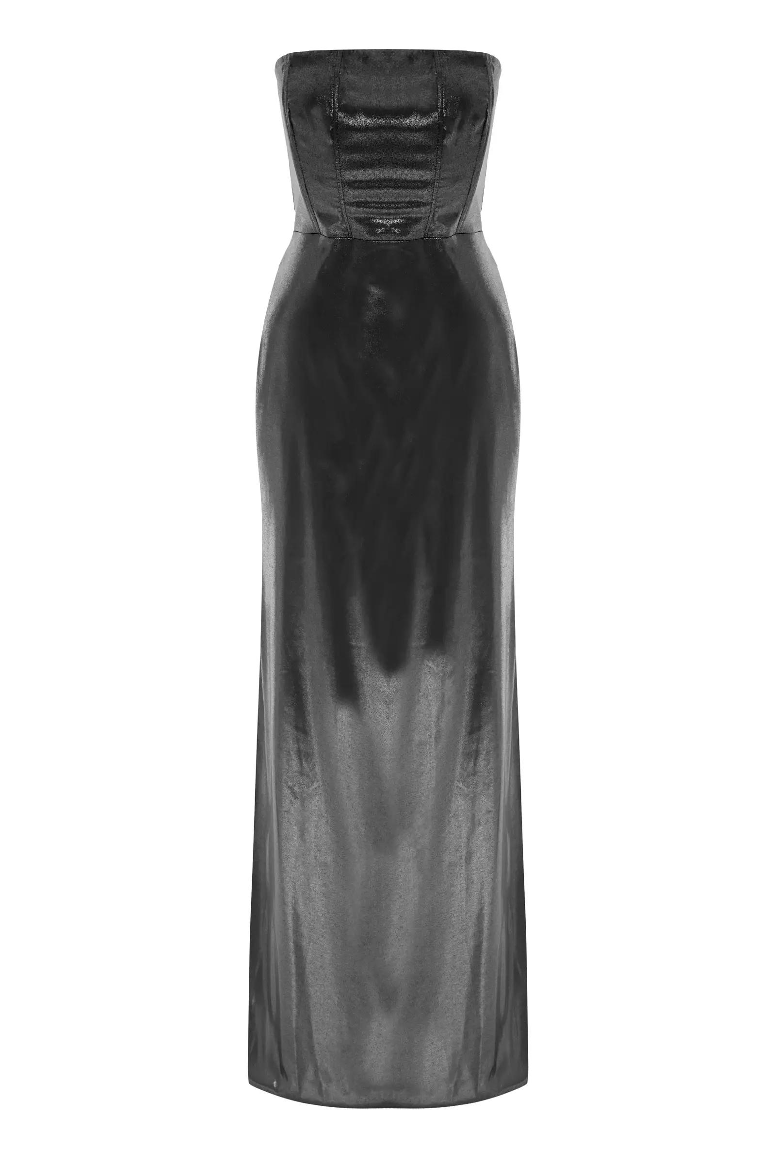 Black leather strapless maxi dress