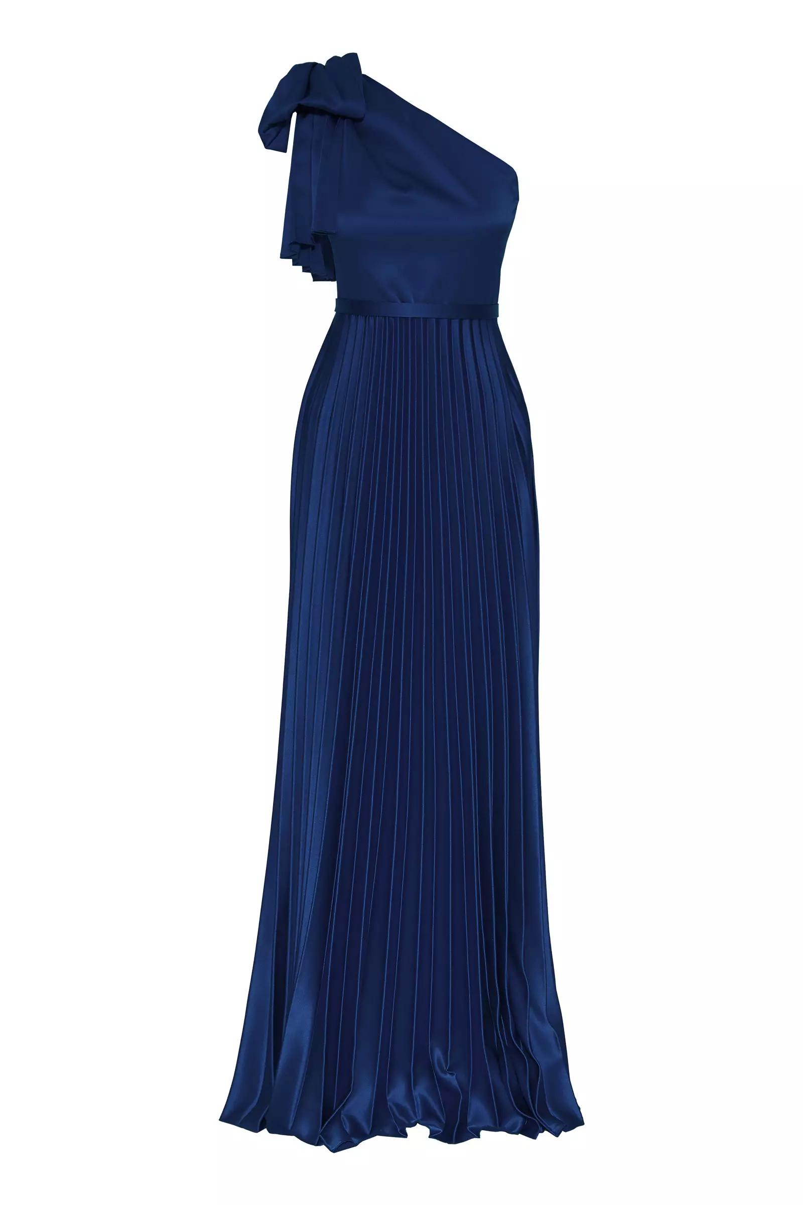 Navy blue satin one arm long dress