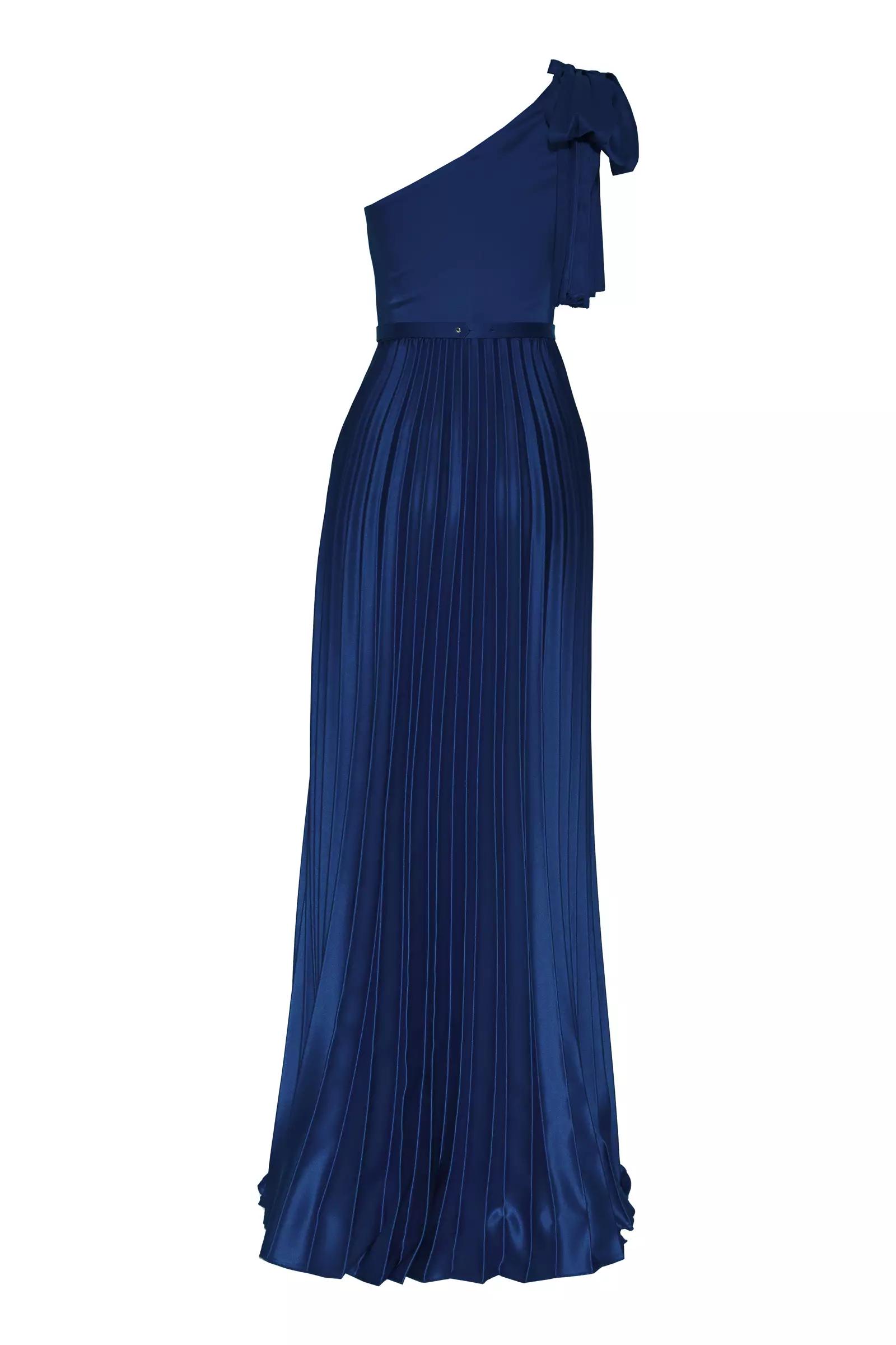 Navy blue satin one arm long dress