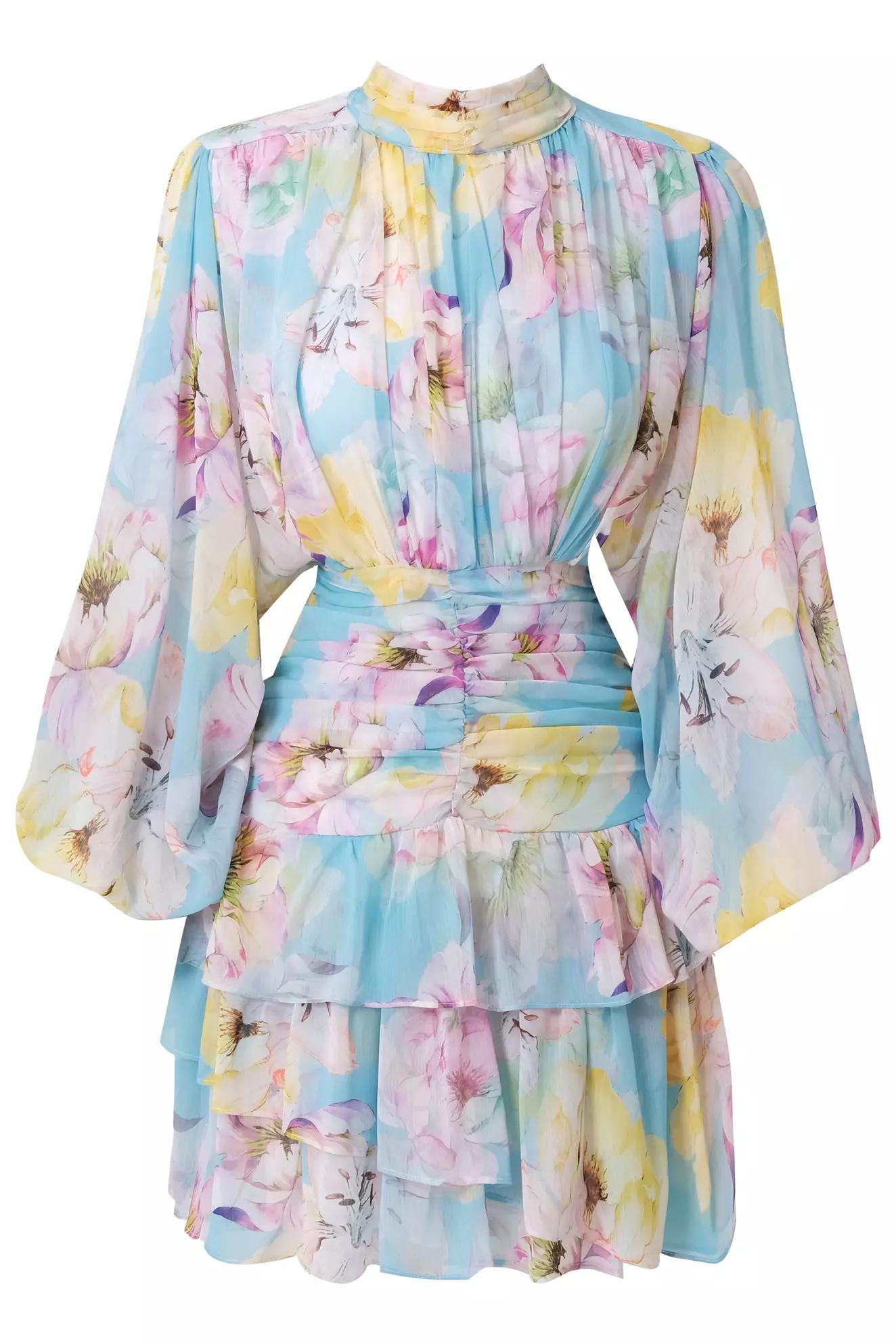 Printed sifon long sleeve midi dress