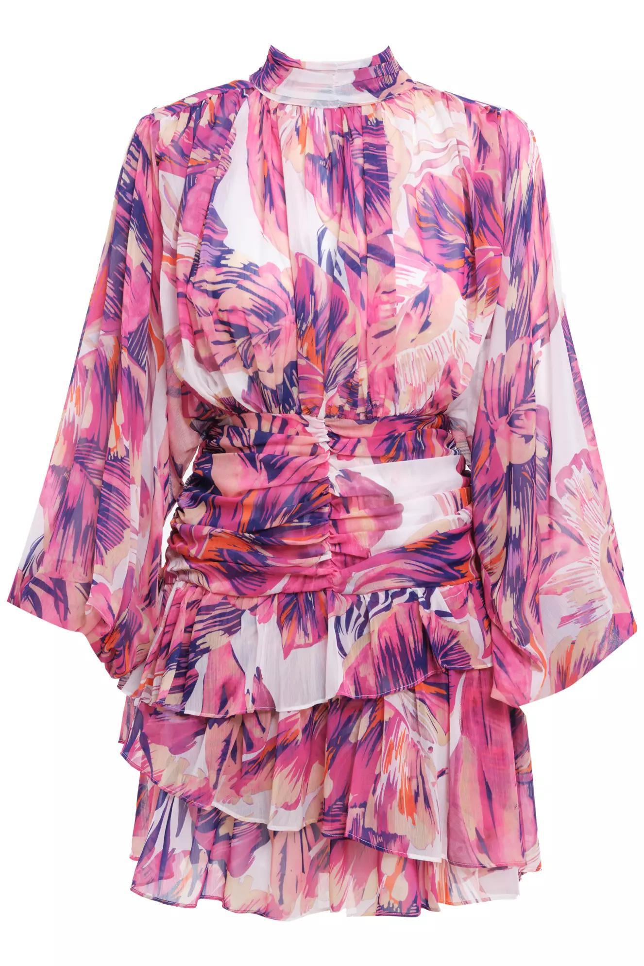 Printed sifon long sleeve midi dress