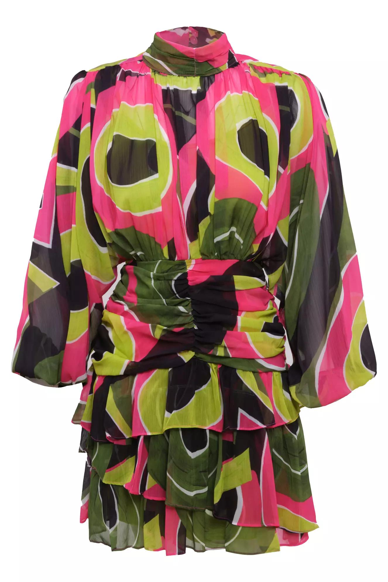 Printed sifon long sleeve midi dress