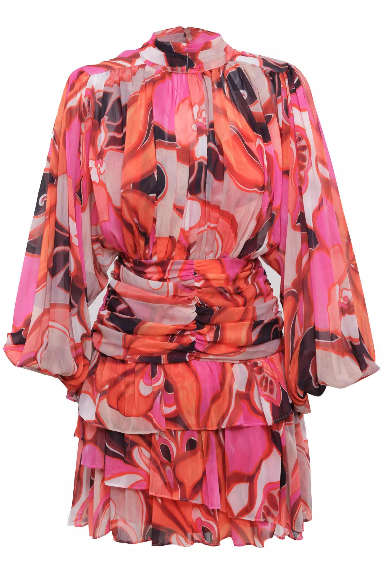 Printed sifon long sleeve midi dress