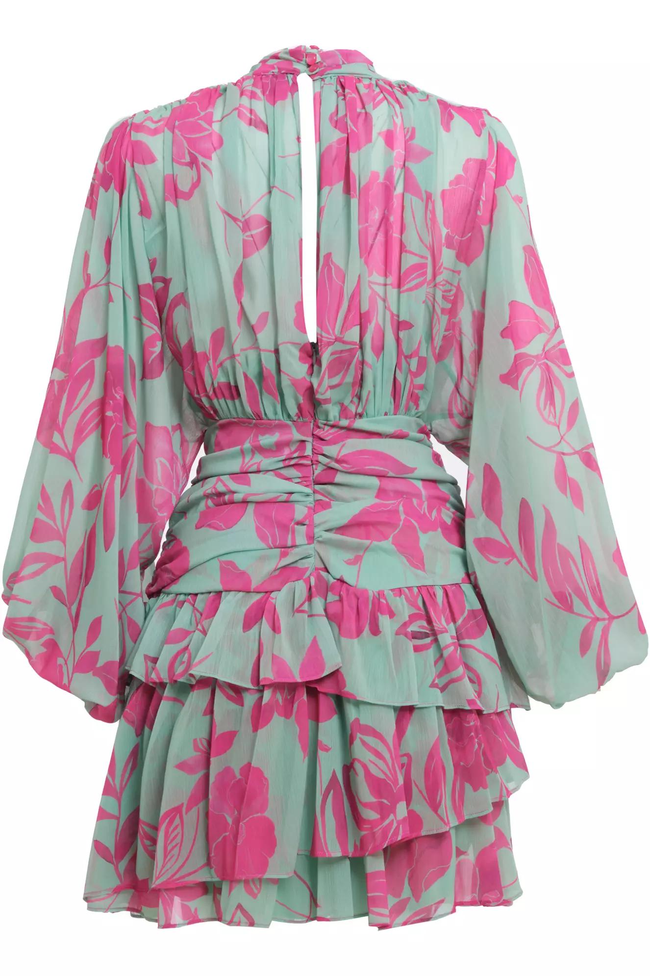 Printed sifon long sleeve midi dress