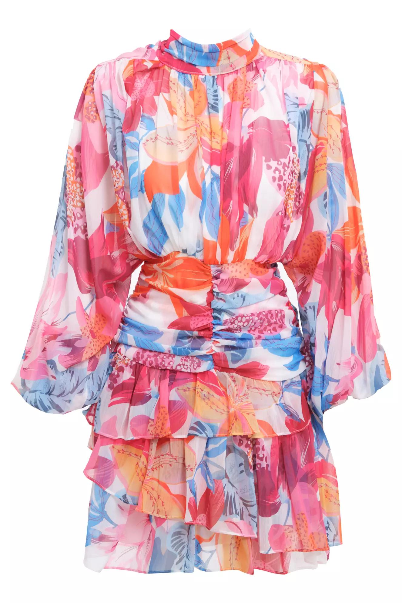 Printed sifon long sleeve midi dress