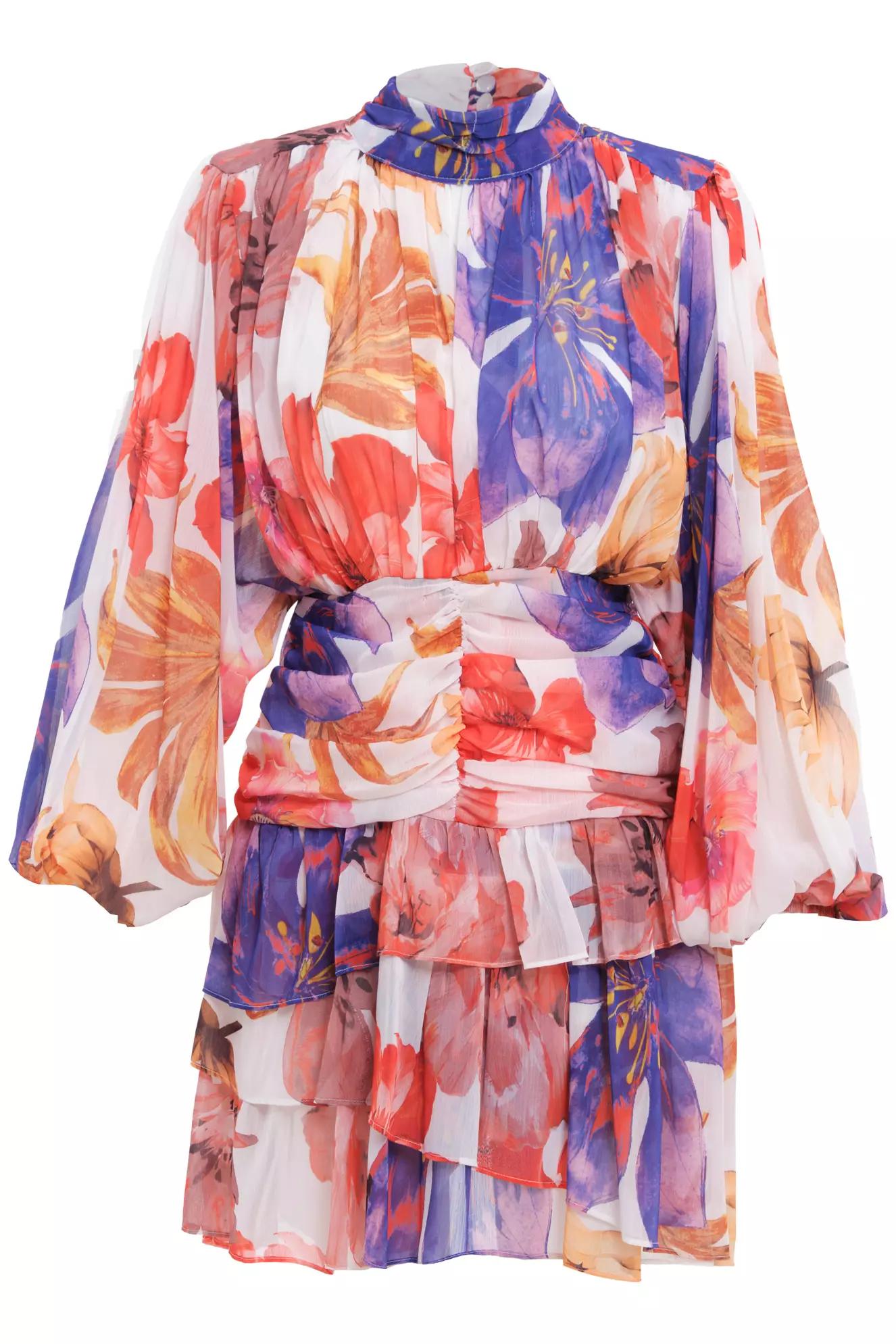 Printed sifon long sleeve midi dress