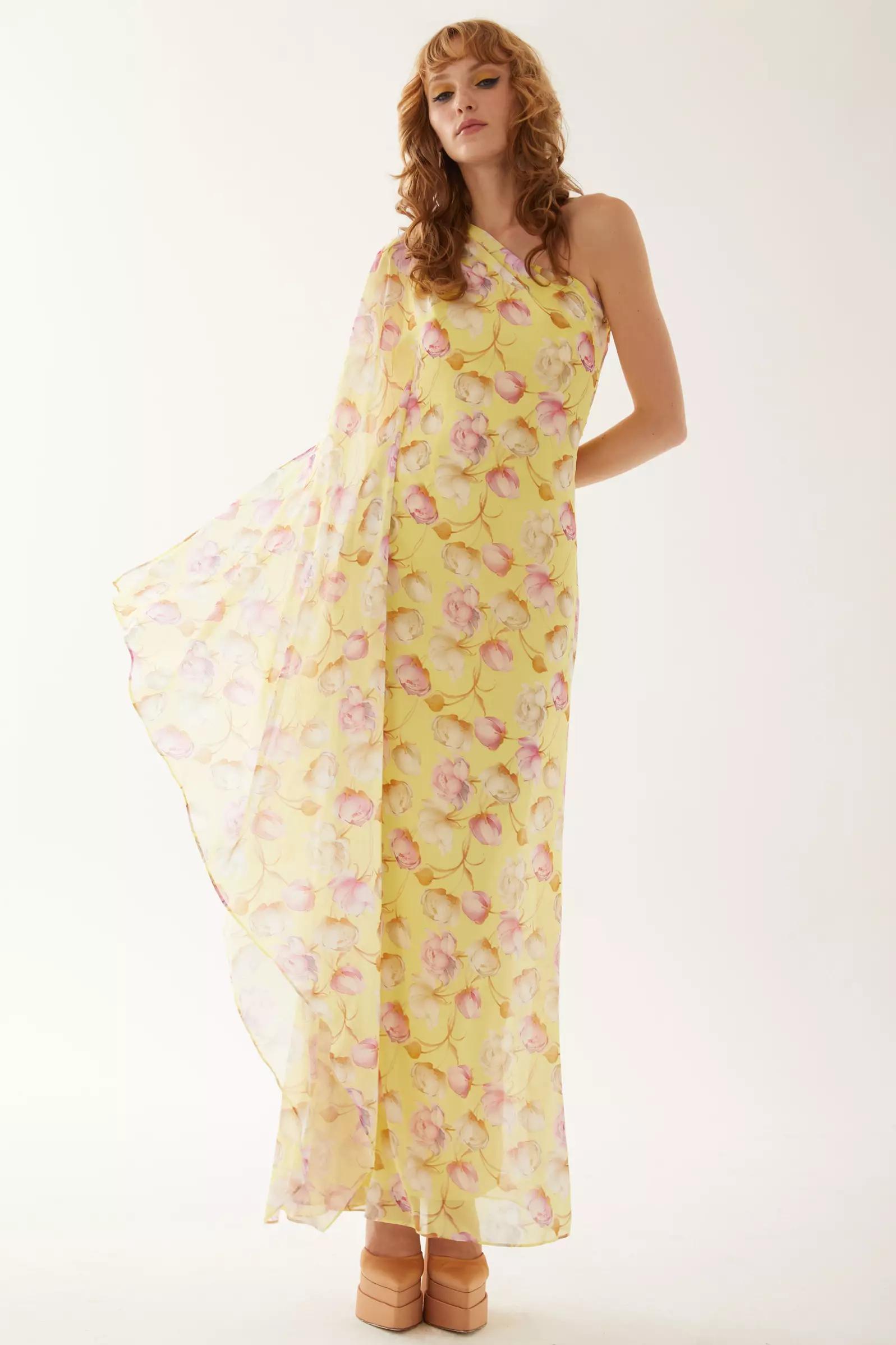 Printed sifon one arm maxi dress