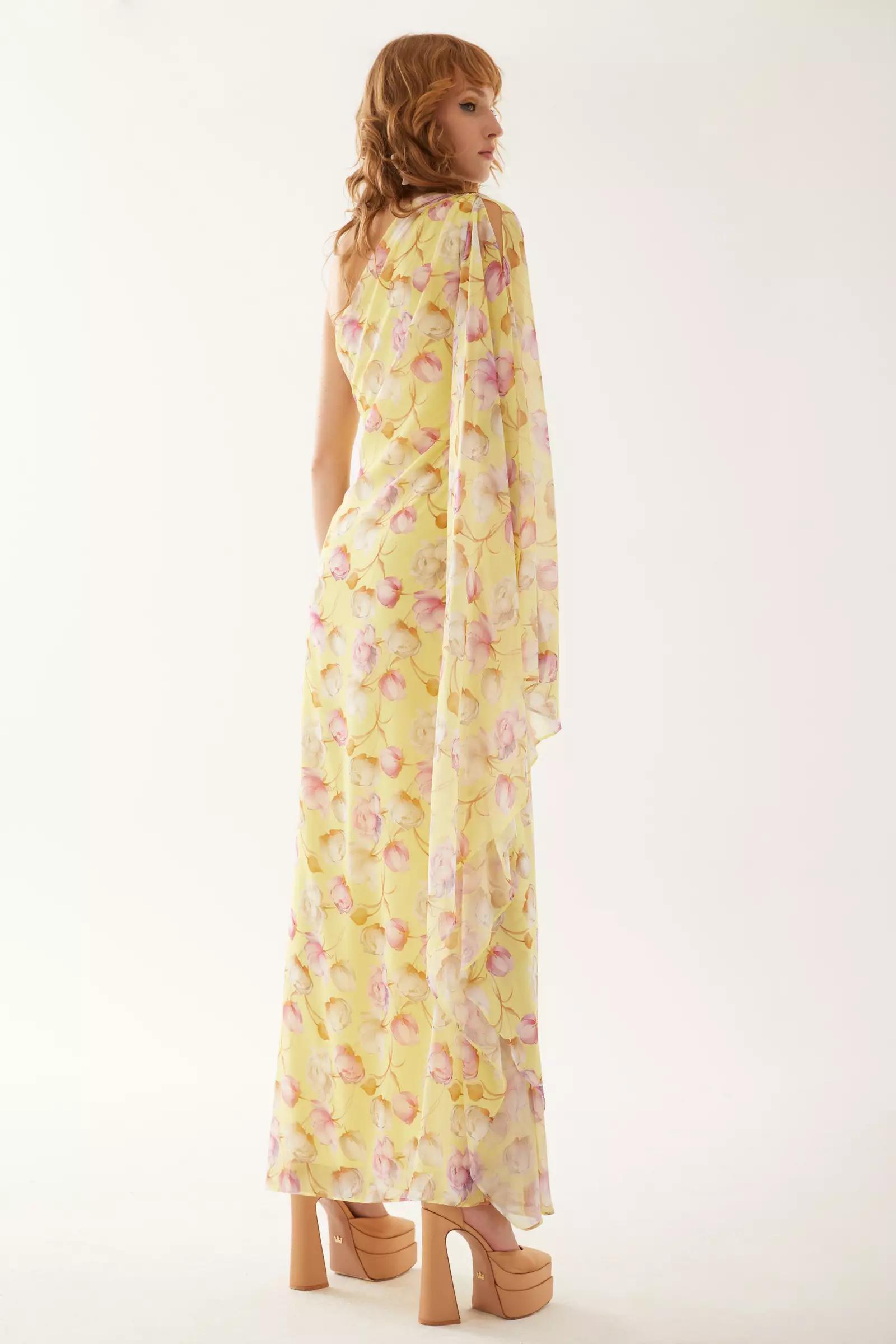 Printed sifon one arm maxi dress