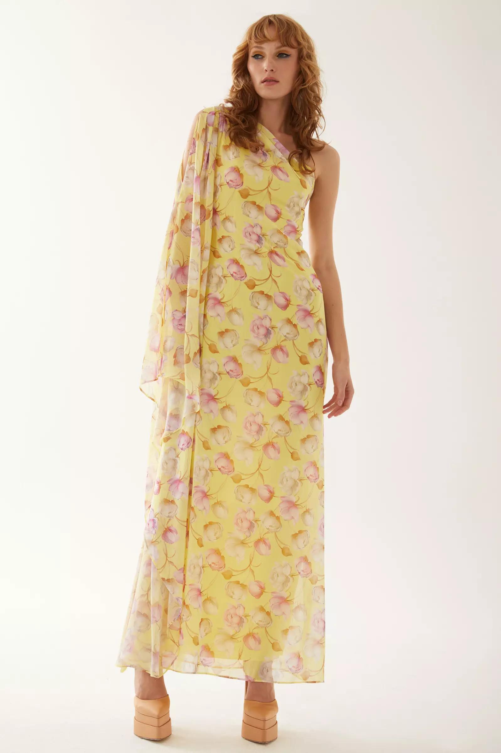 Printed sifon one arm maxi dress