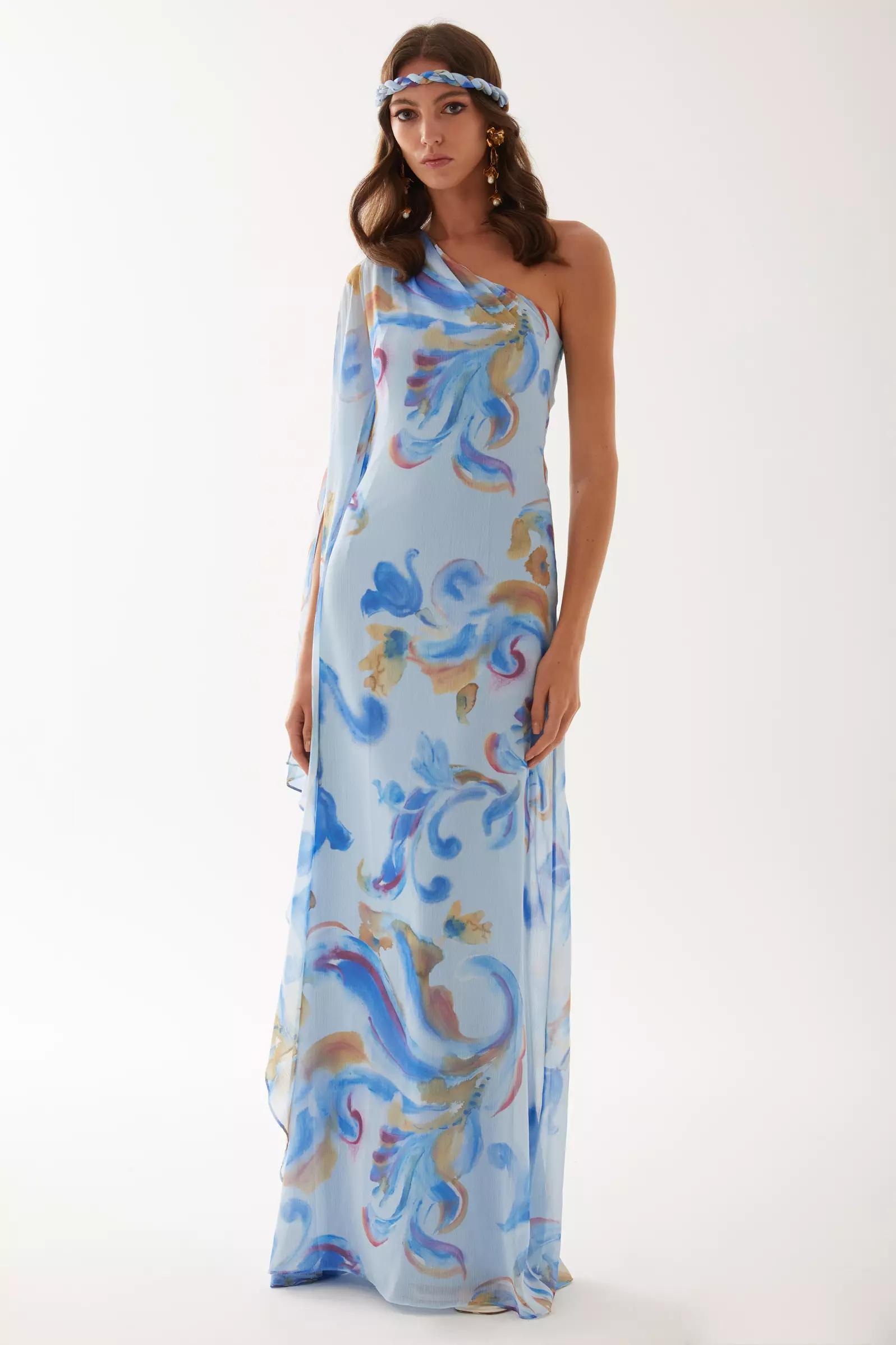 Printed sifon one arm maxi dress