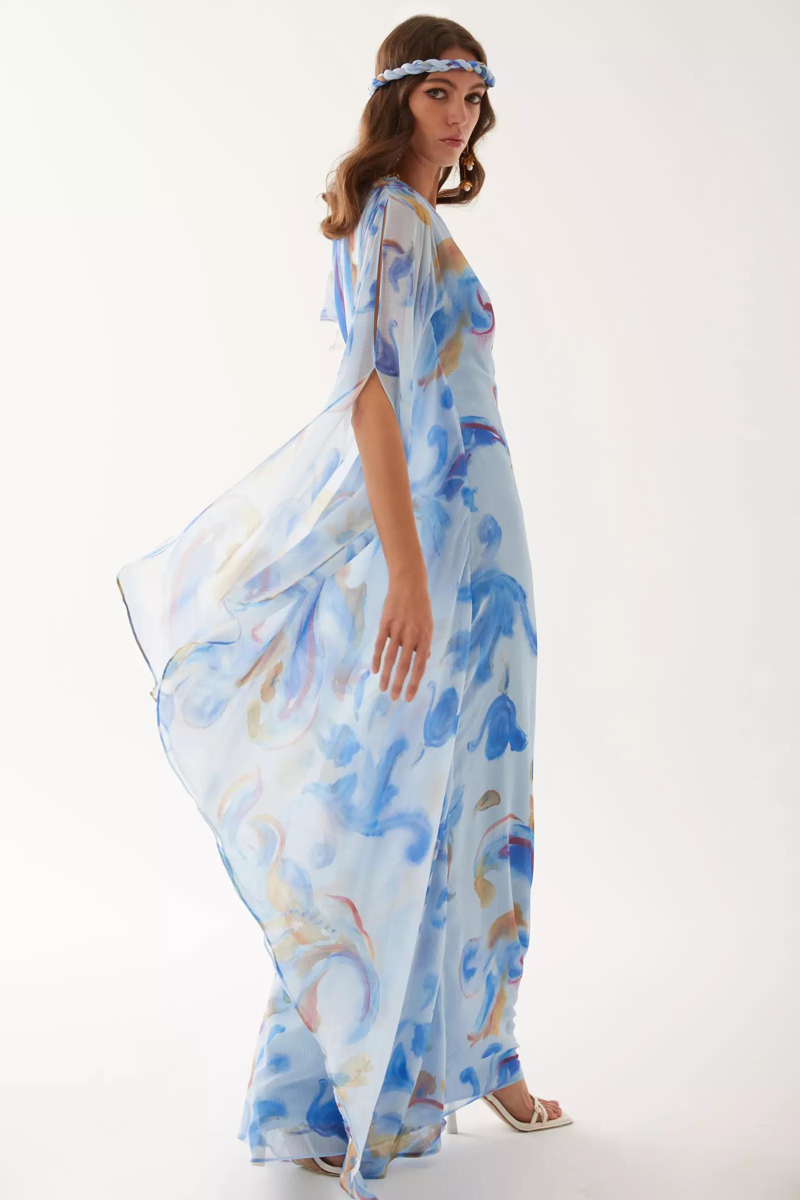 Printed sifon one arm maxi dress