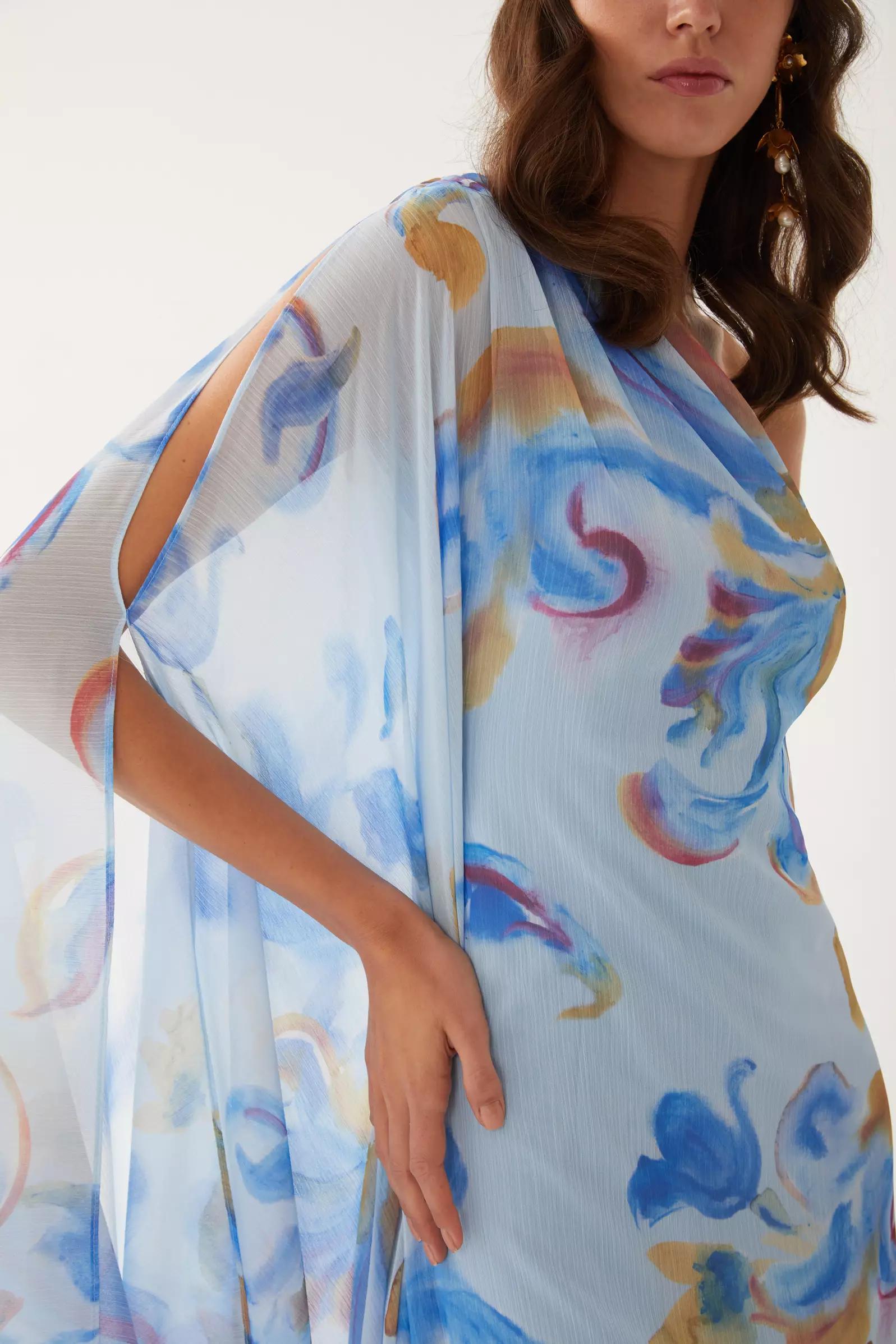 Printed sifon one arm maxi dress