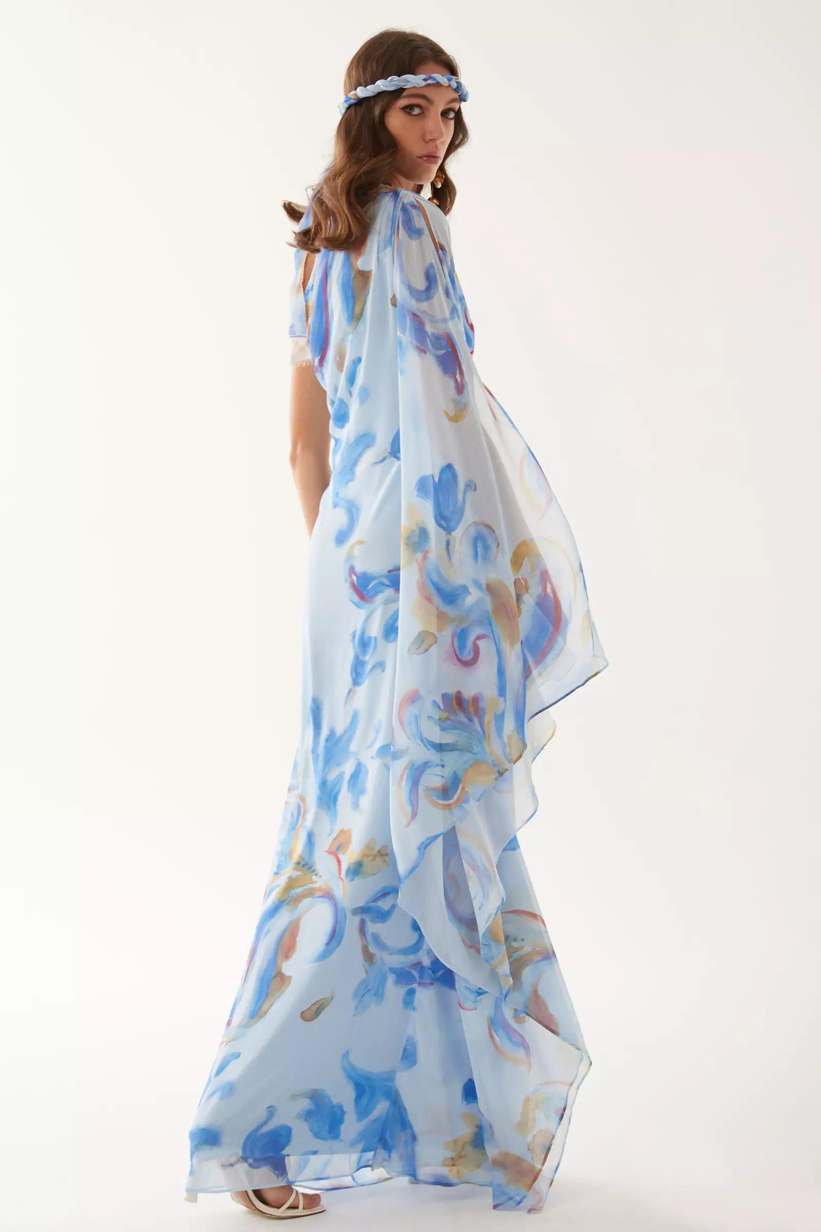 Printed sifon one arm maxi dress