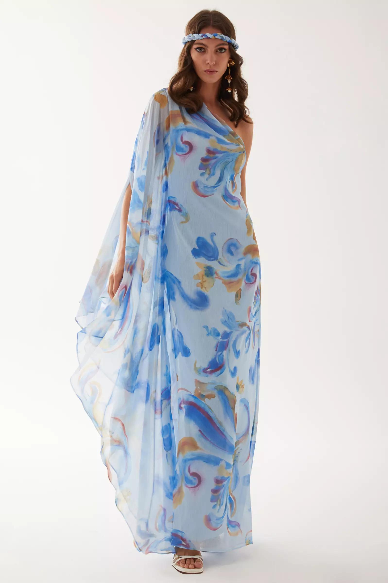 Printed sifon one arm maxi dress