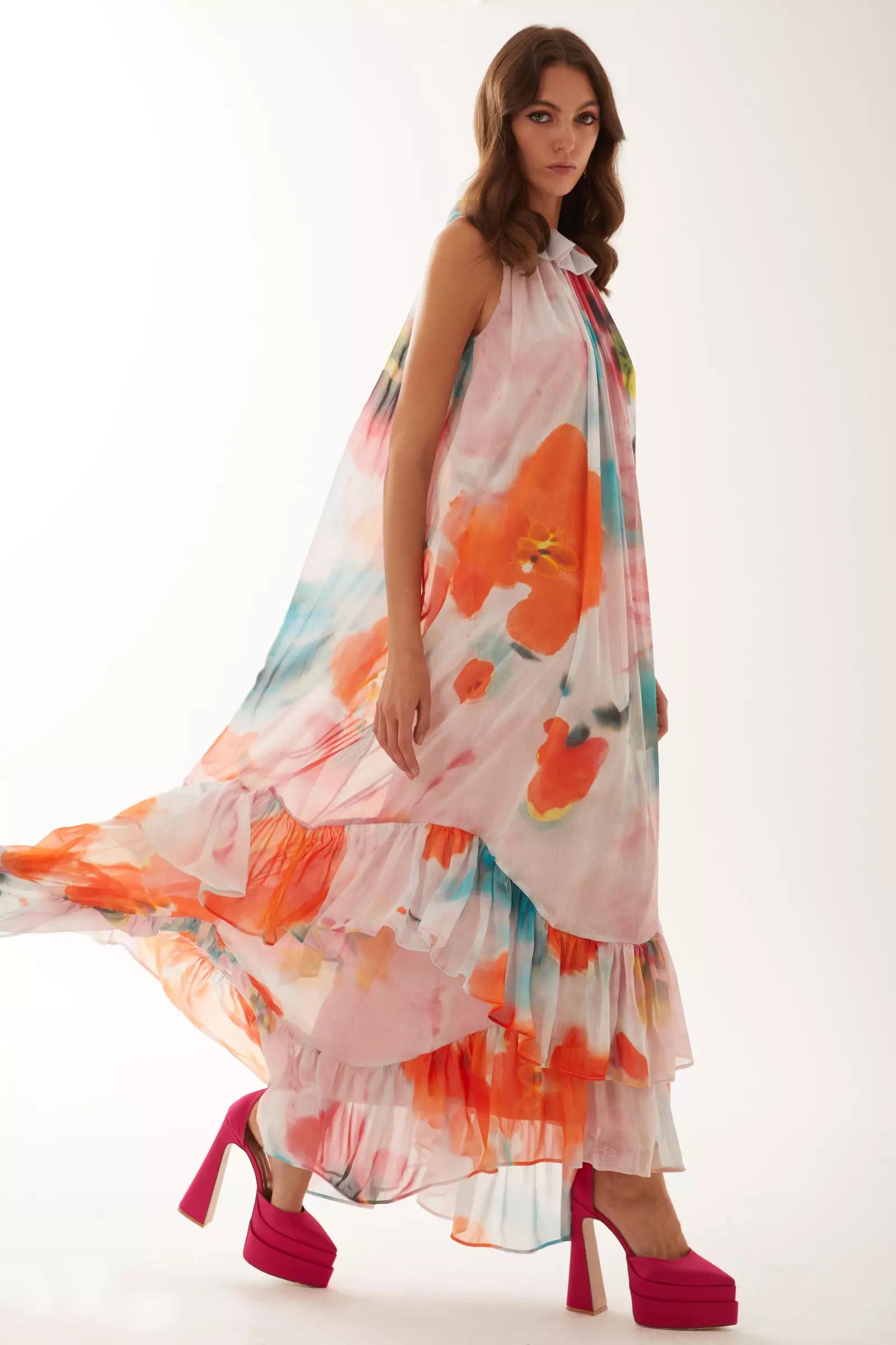 Printed sifon sleeveless maxi dress