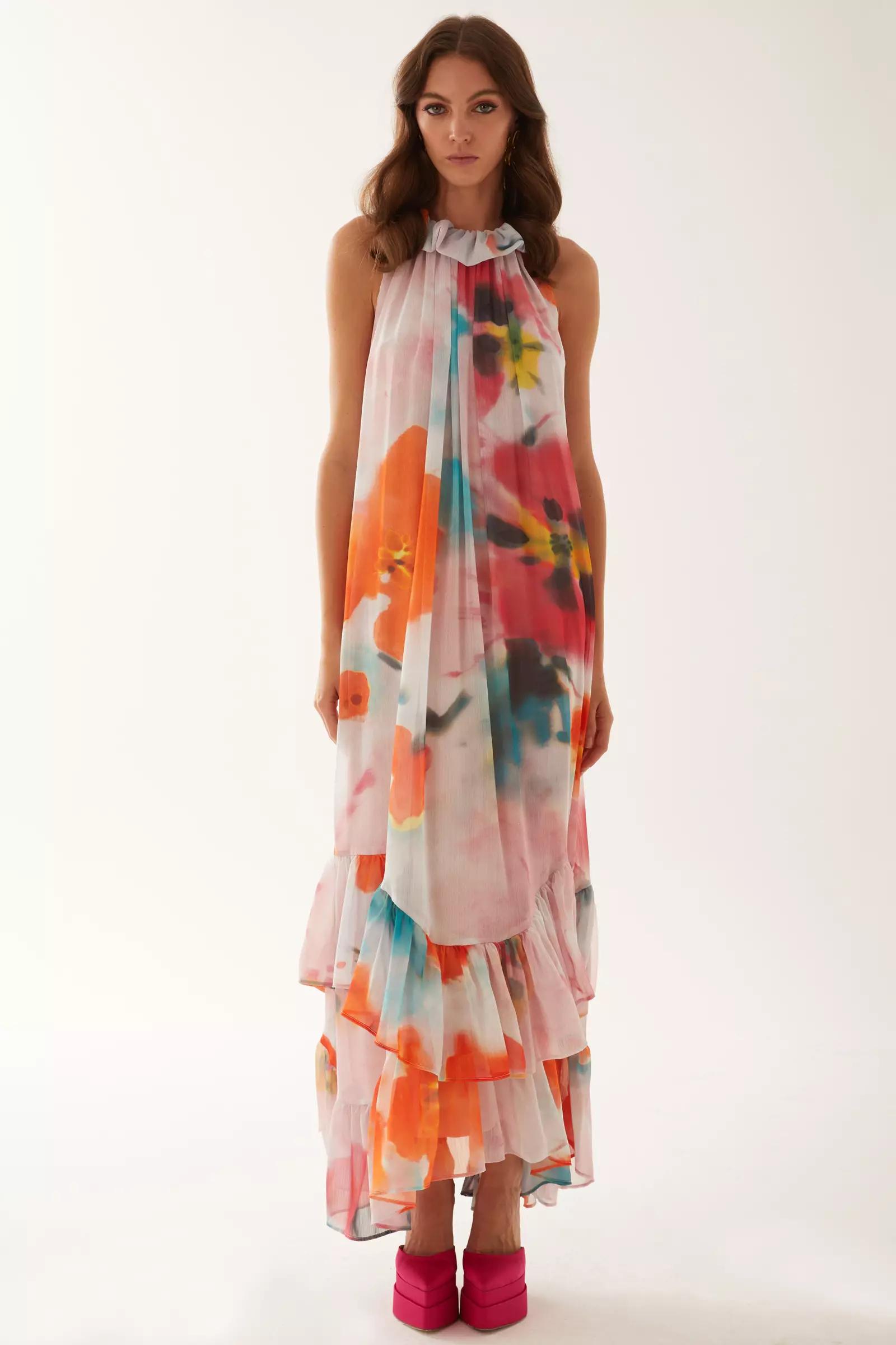 Printed sifon sleeveless maxi dress