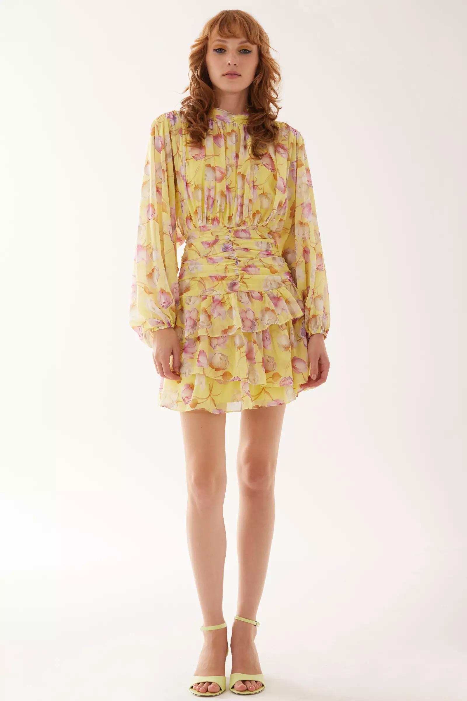 Printed sifon long sleeve midi dress