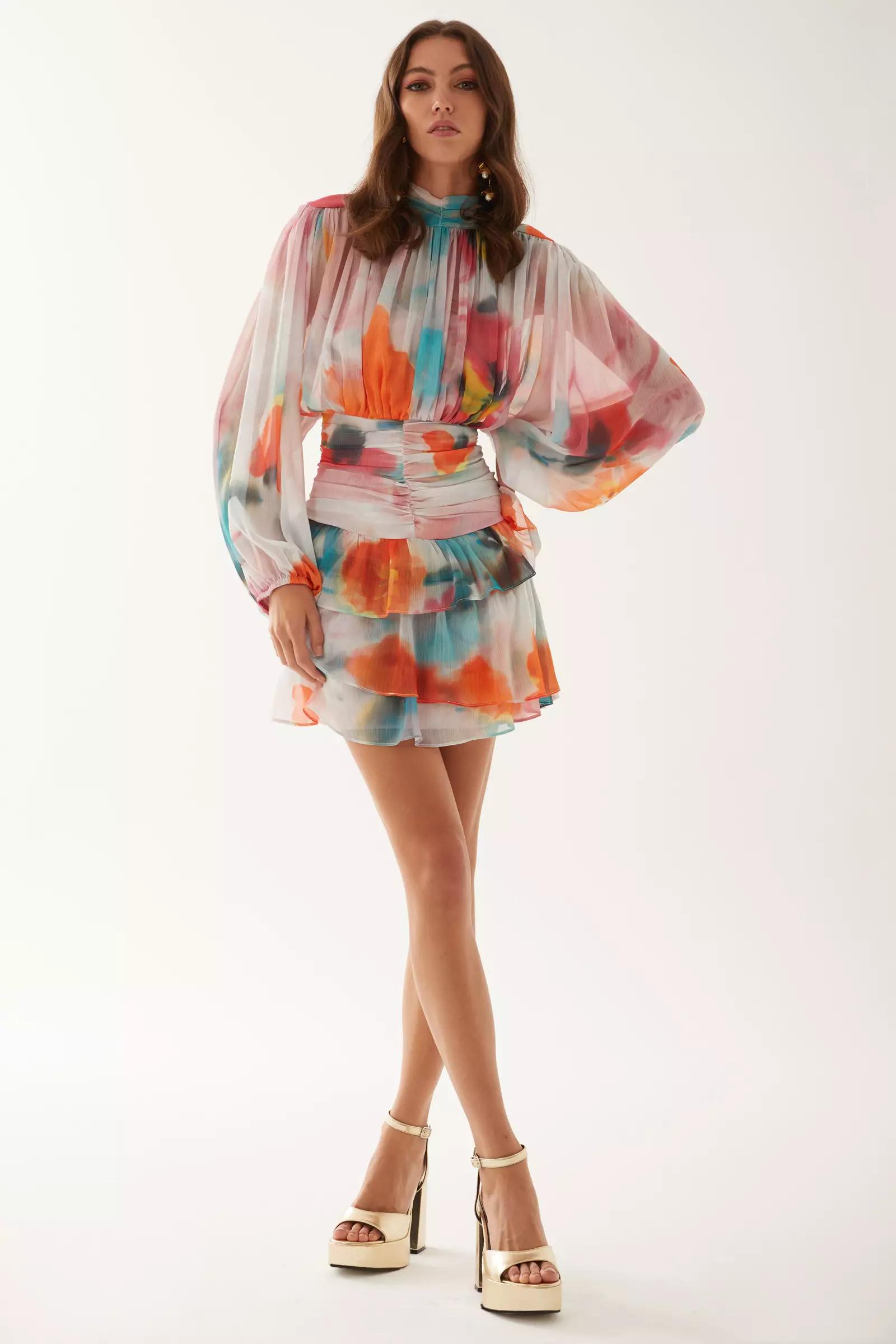 Printed sifon long sleeve midi dress