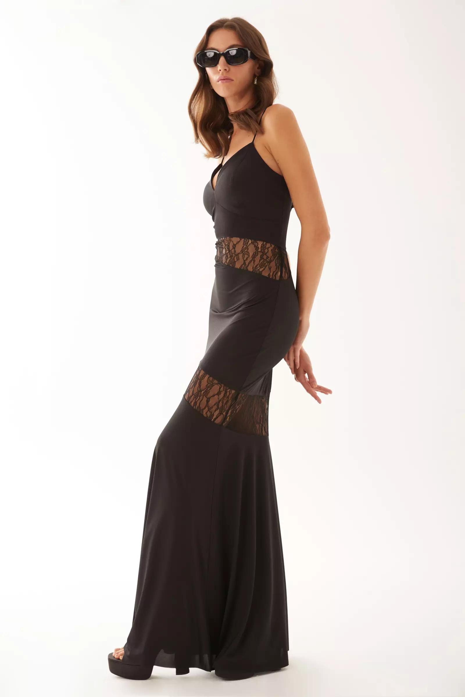 Black satin sleeveless long dress