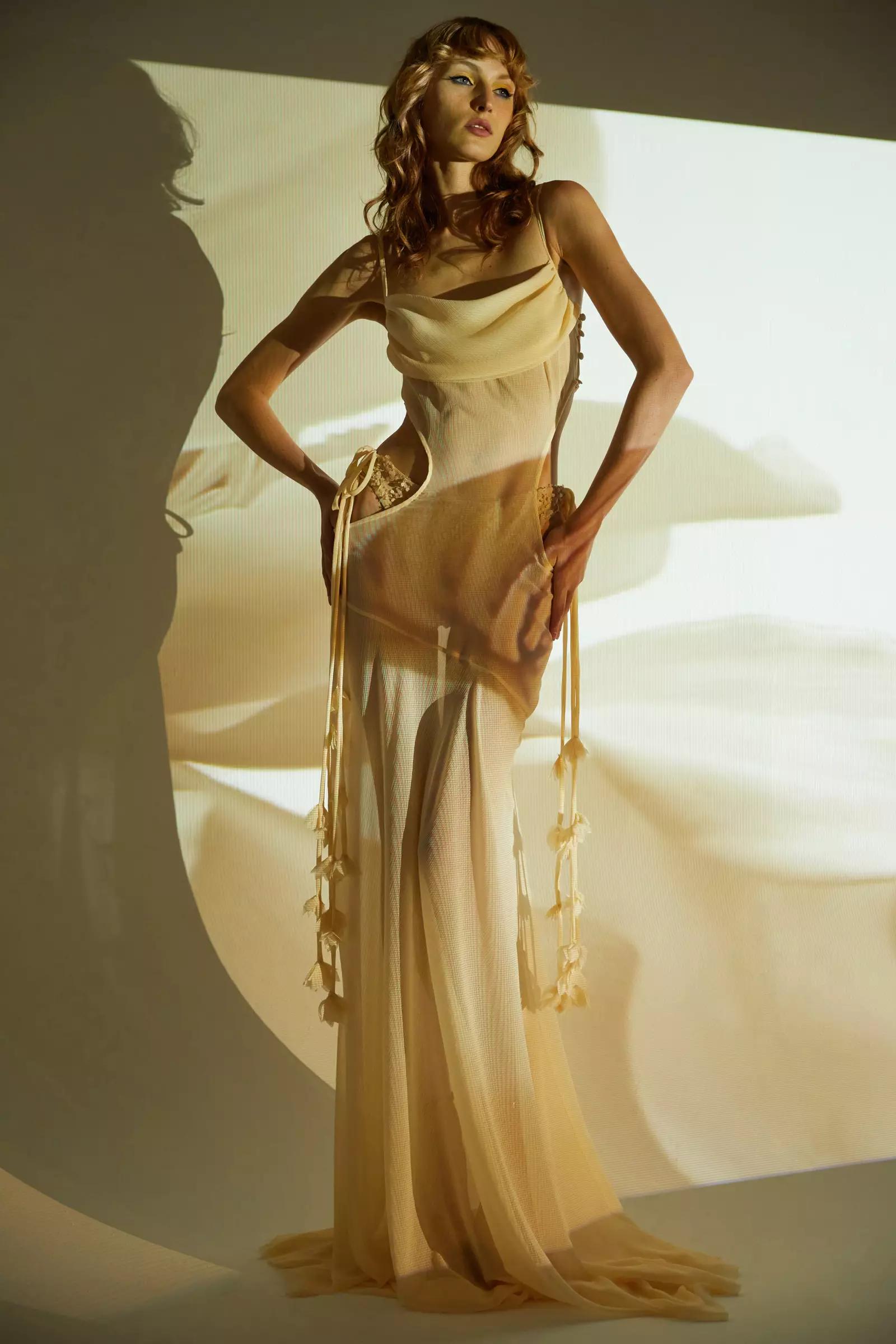 Beige sifon sleeveless long dress