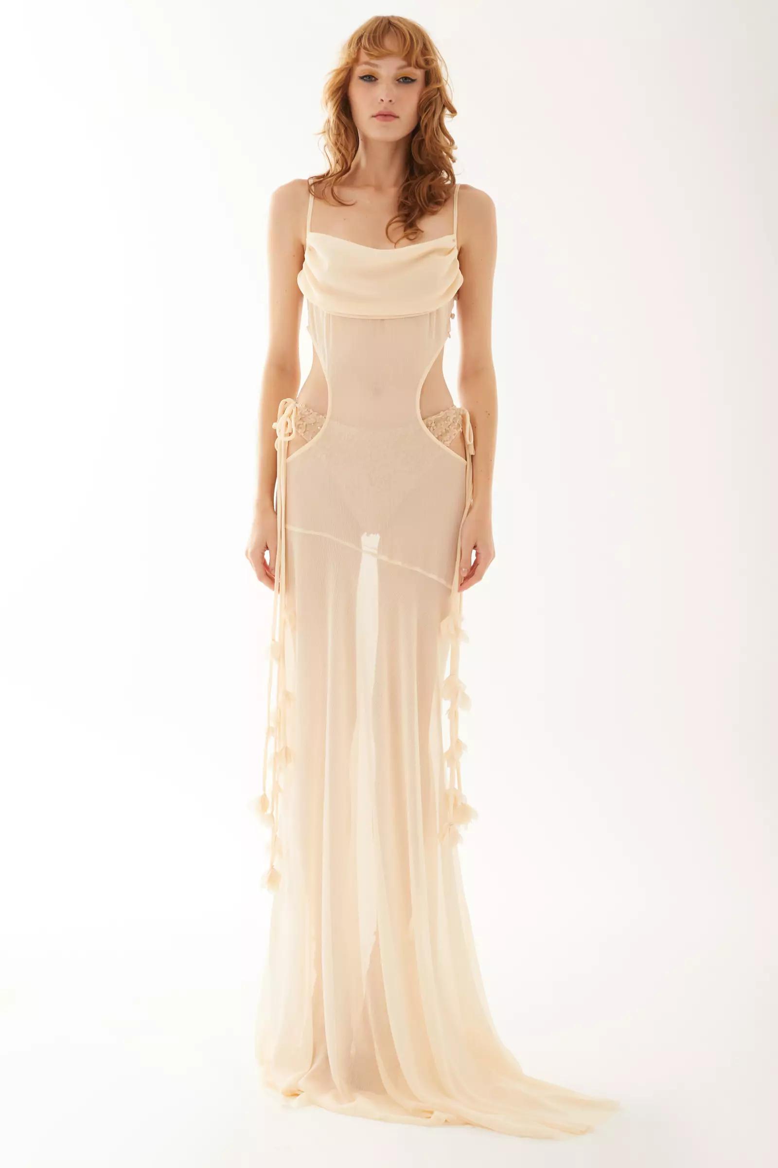 Beige sifon sleeveless long dress