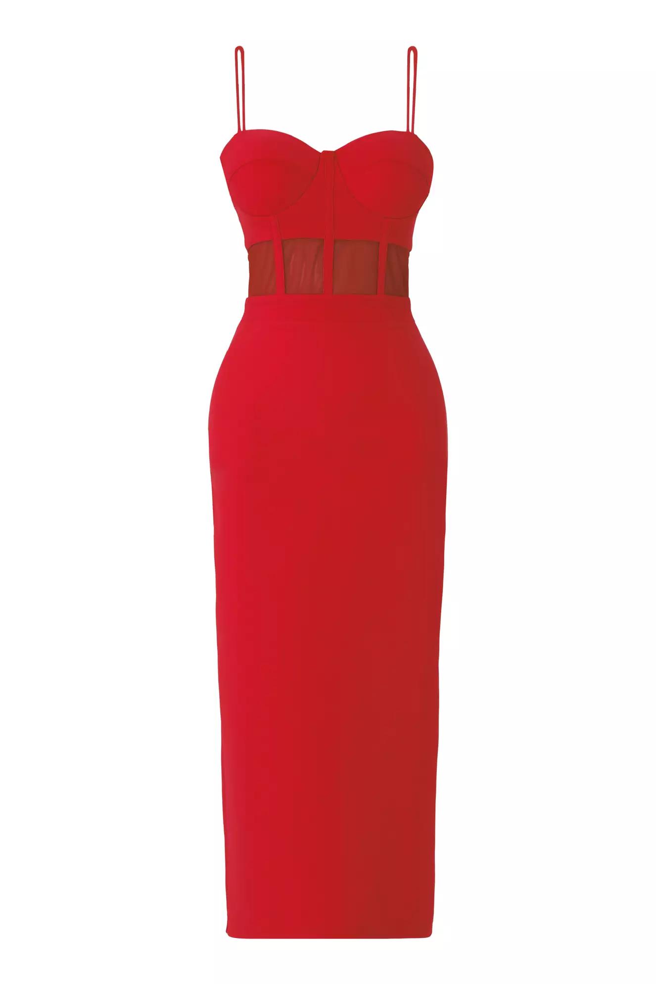 Red crepe sleeveless midi dress