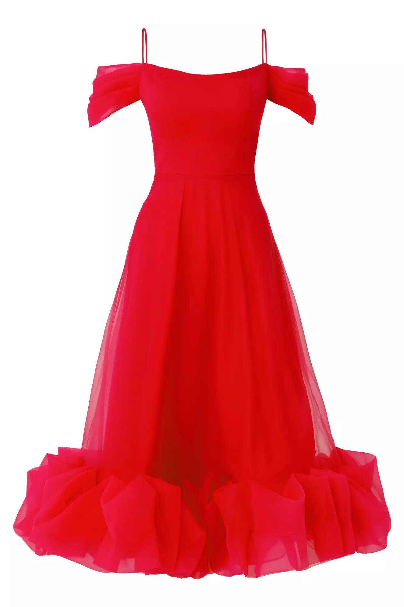 Red tulle sleeveless long dress