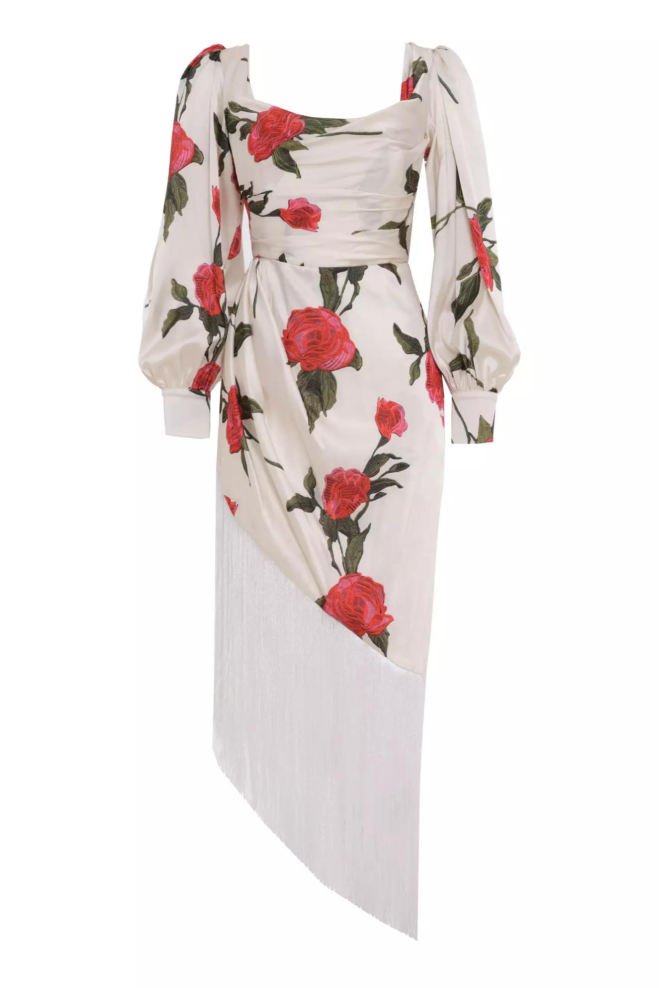 Printed satin long sleeve long dress